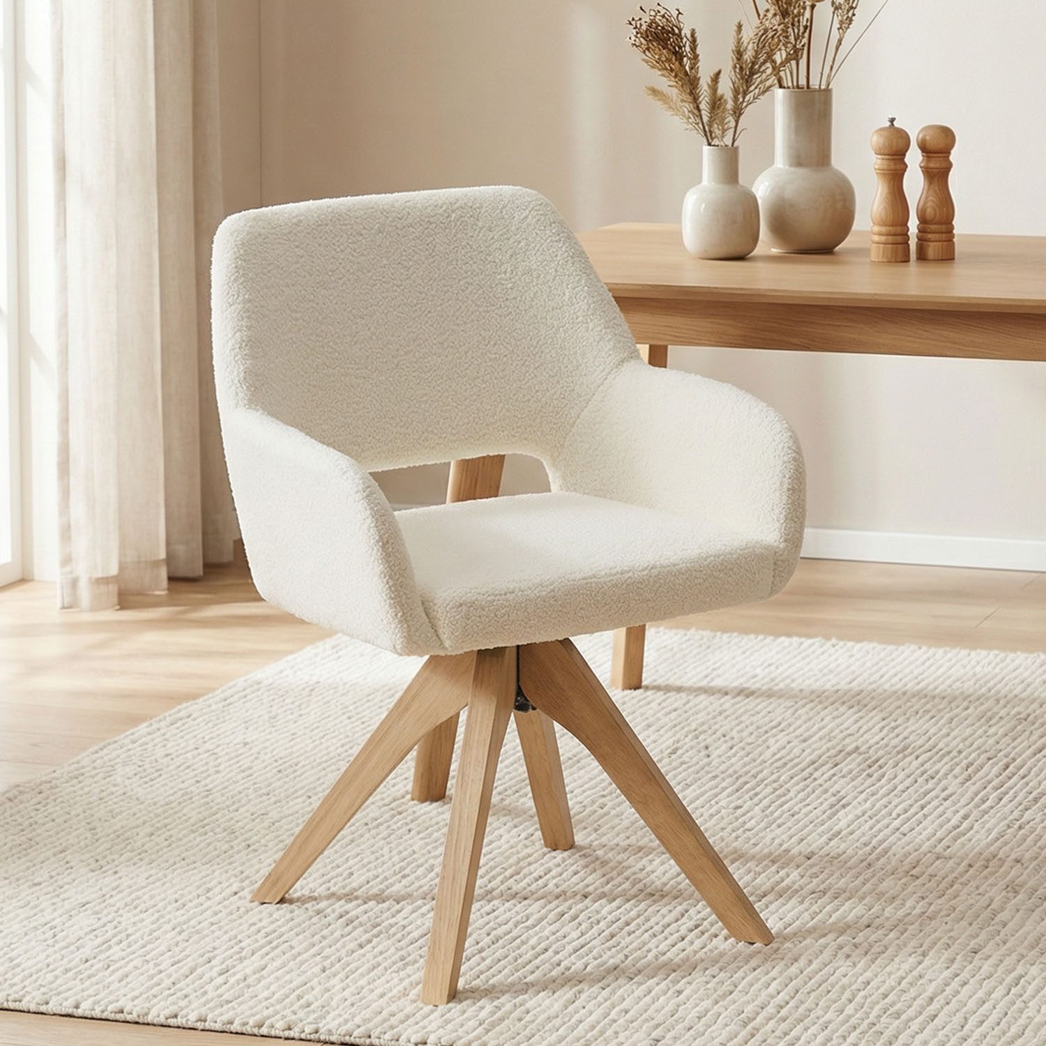 Homestyle4u Armlehnstuhl Esstisch Polsterstuhl Weiß drehbar Teddy-Stoff Esszimmer Küche Büro (1 St), drehbar, Teddystoff/Teddyplüsch, Holfüße, Essstuhl