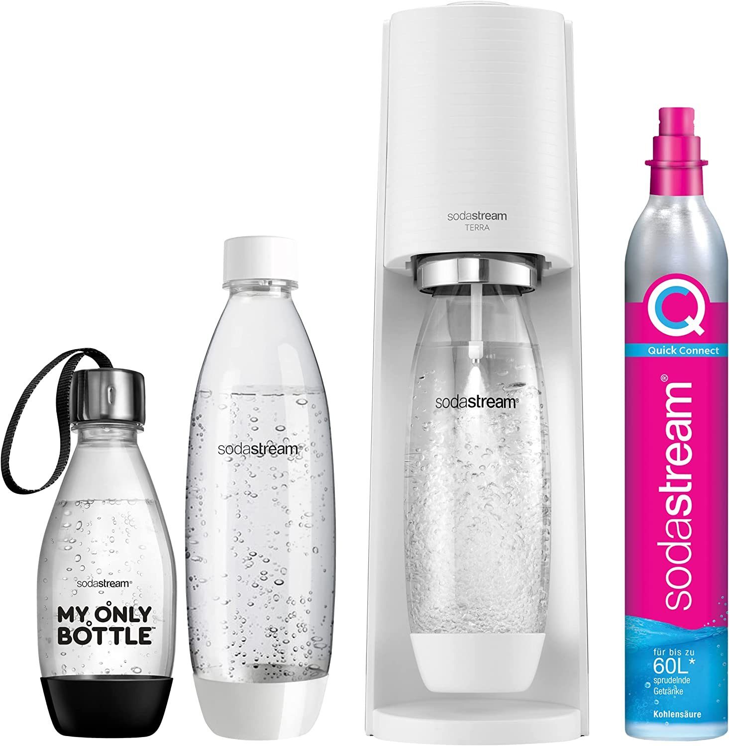 SodaStream Wassersprudler Trinkwassersprudler Terra Weiß inkl. CO2-Zylinder, (Komplettset, Vorteilspack), 3 Flachen (2x 1 Liter und 1x 0,5 Liter)