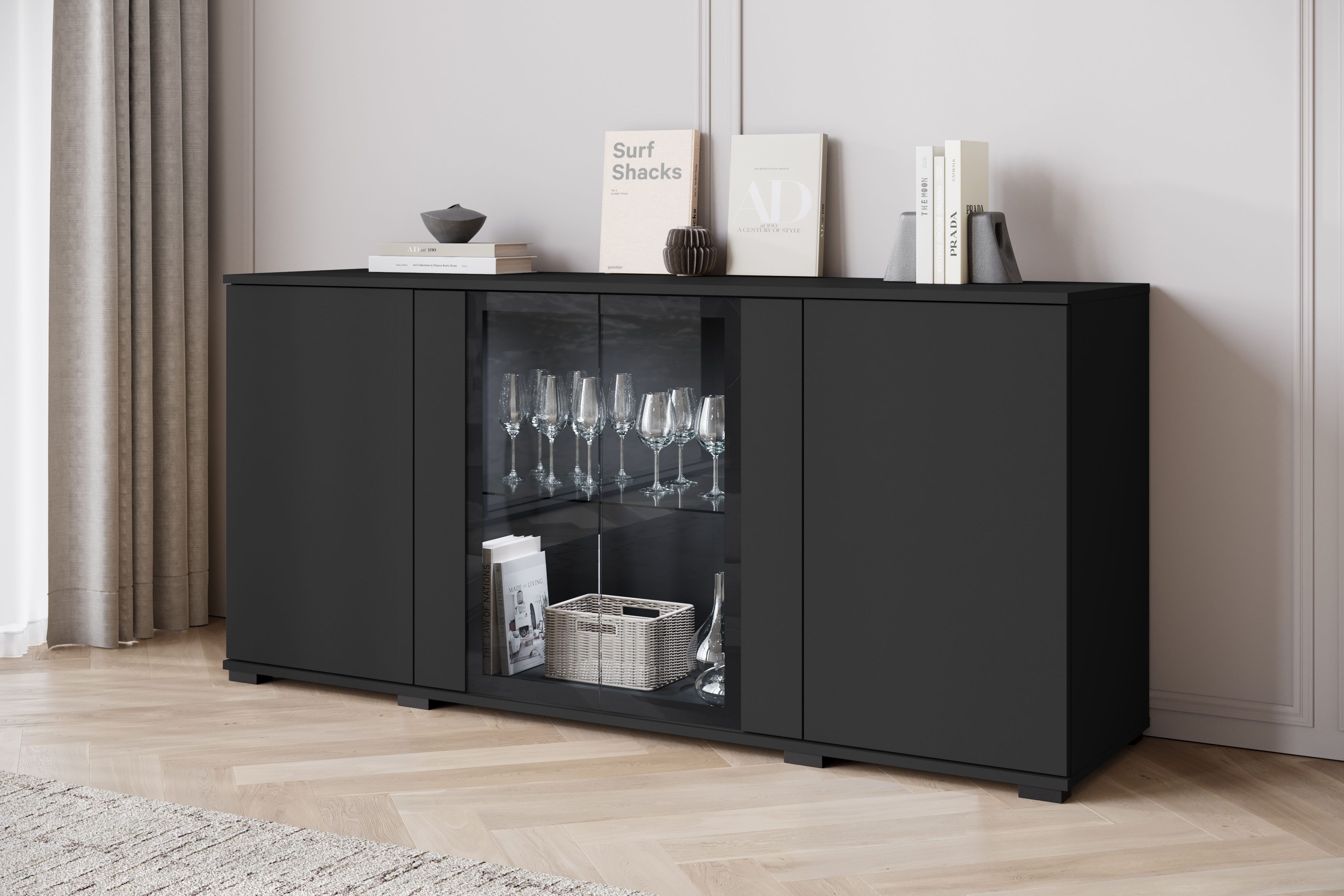 Home affaire Sideboard Caro, modernes Design mit Glaseinsätzen, Breite 150 cm (1 St), Grifflose Fronten mit Push-to-Open, höhenverstellbare Einlegeböden
