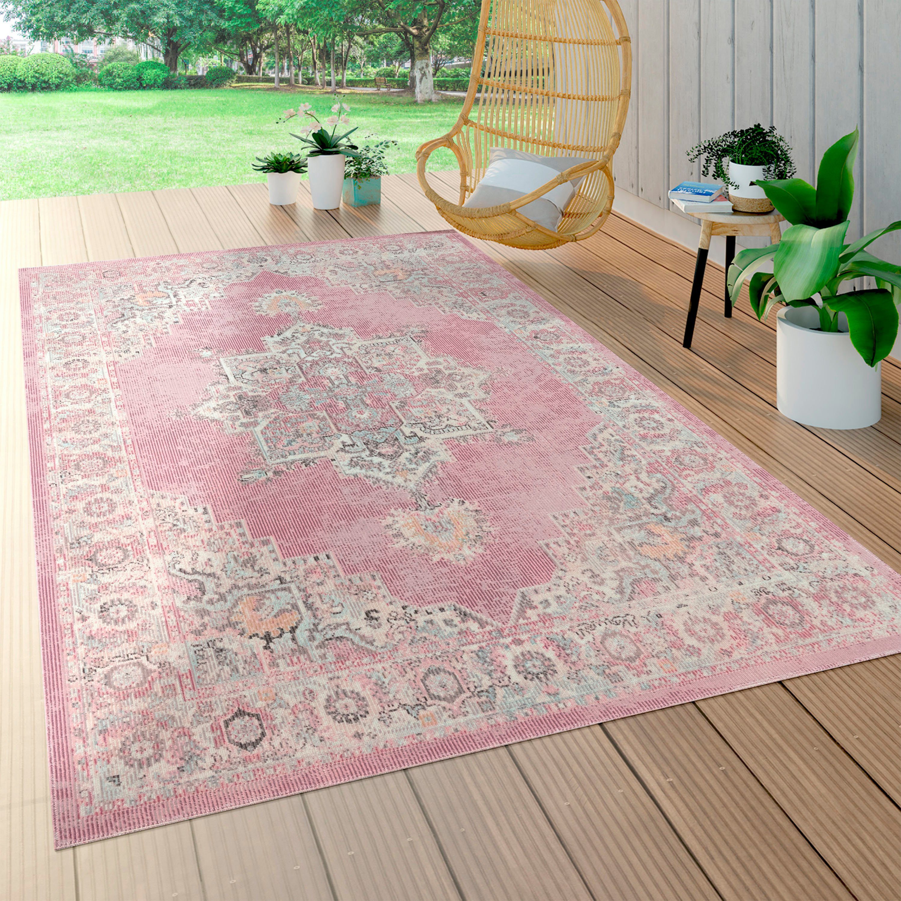 Höhe: Teppich Paco pink mm, Orient moderne rechteckig, Used-Look, 8 geeignet und In- Home, 275, Kurzflor, Outdoor Torres Optik,