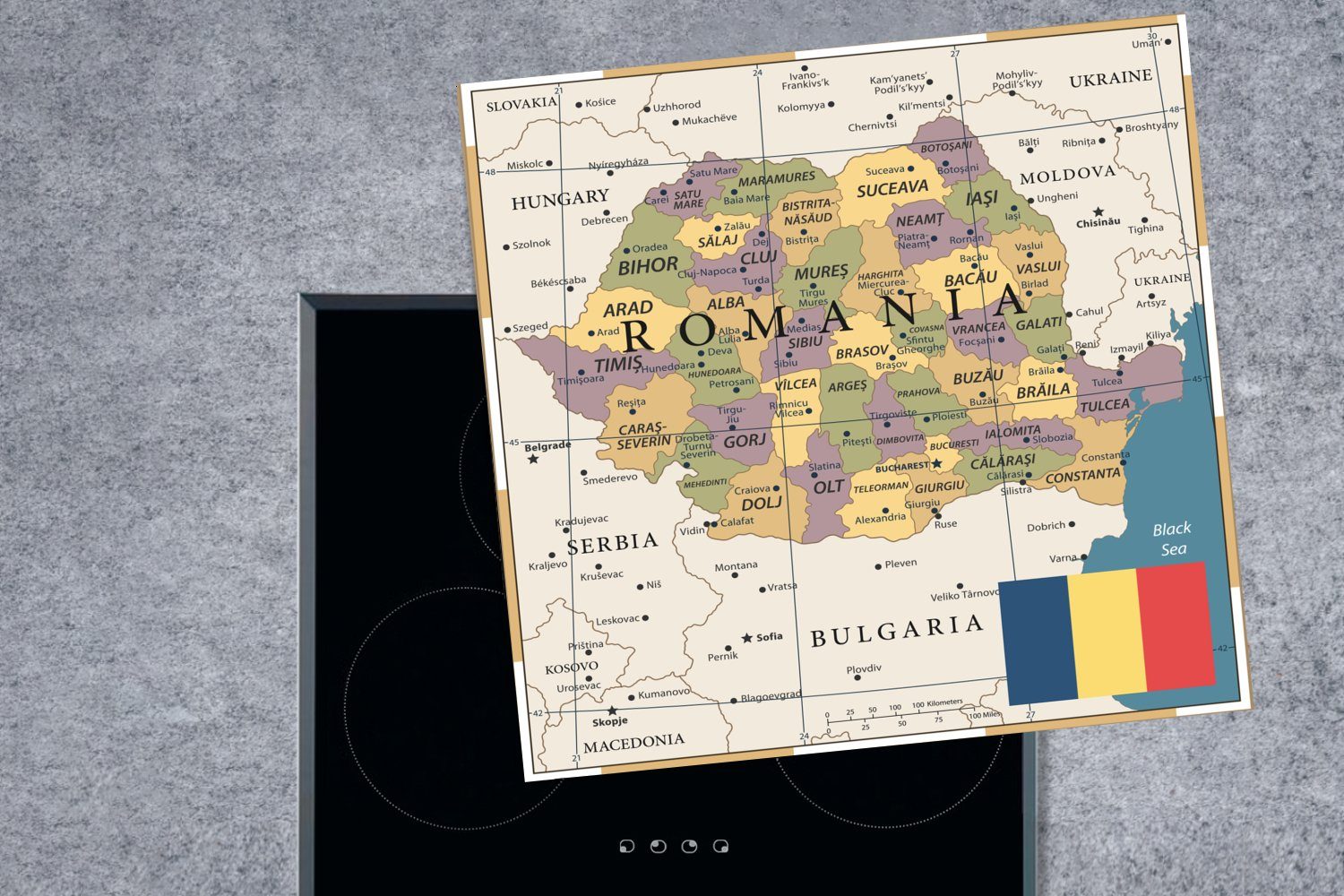 MuchoWow Herdblende-/Abdeckplatte Rumänien alte Ceranfeldabdeckung, Karte von und Flagge, Bunte Vinyl, küche Arbeitsplatte cm, (1 der tlg), mit für 78x78