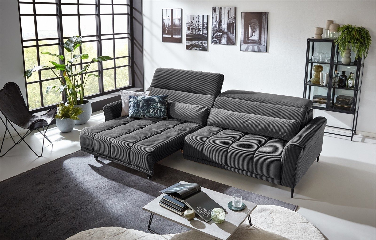 freiraum Big-Sofa Wolve, 1x elektr. Sitzverstellung, Cord dunkelgrau - 280x108x118cm (BxHxT)