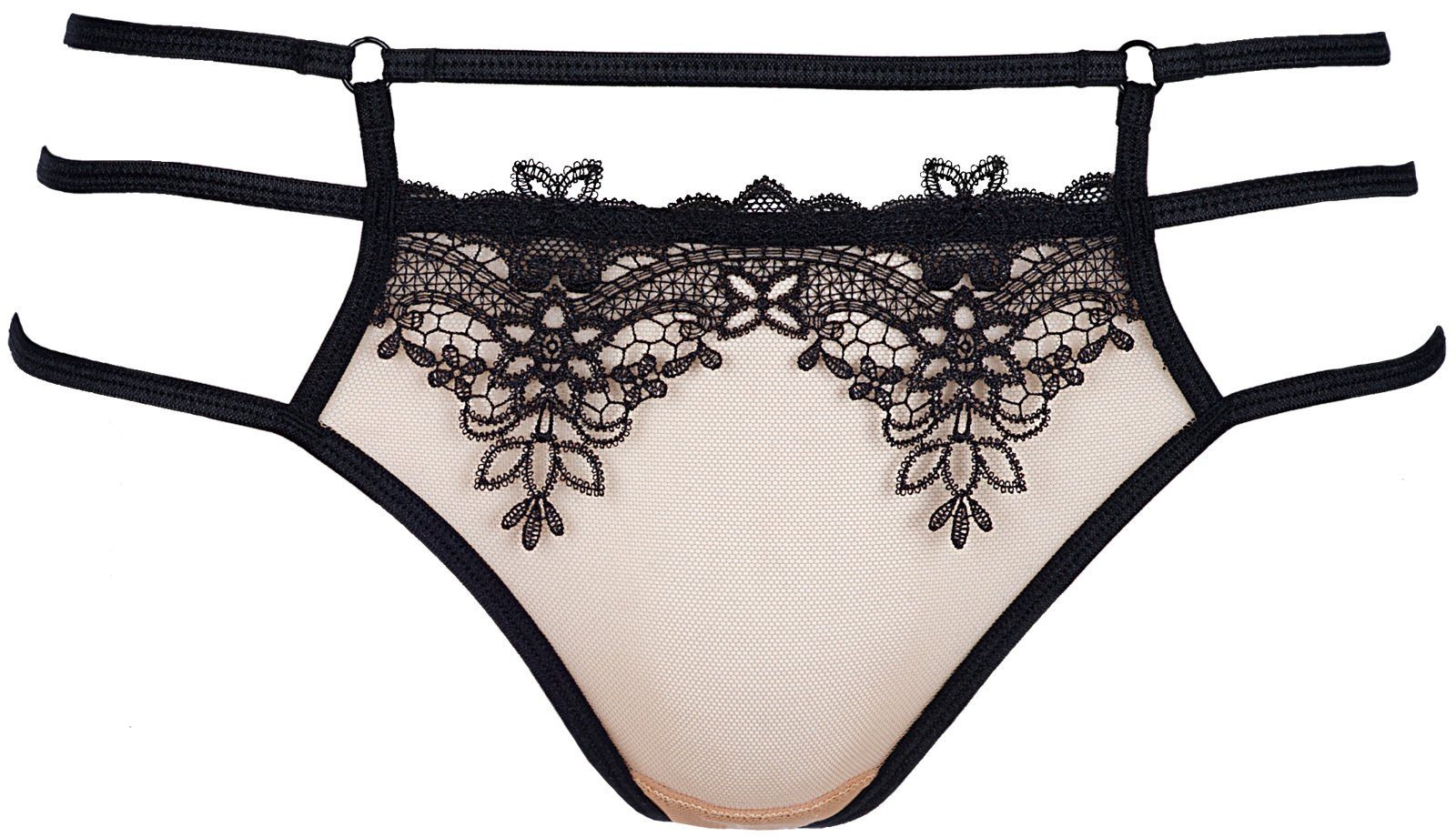 String String in schwarz-beige mit Spitze Tanga mit Blumenmuster