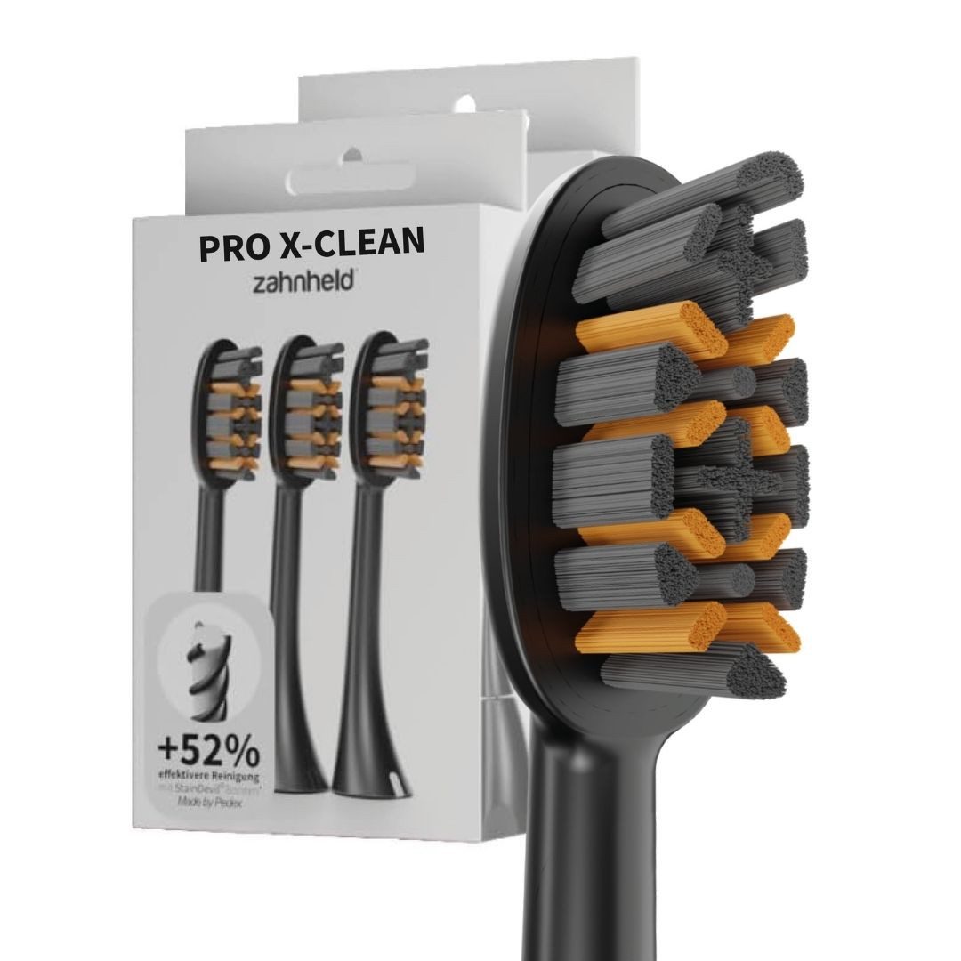 Zahnheld Aufsteckbürsten Ersatzbürsten Pro X-Clean für Schallzahnbürste Gero, im 3er, 6er oder 9er Set, Zahnpflege Set, Wechselköpfe, sanfte Reinigung, plastikfrei verpackt, 6 Stück, schwarz