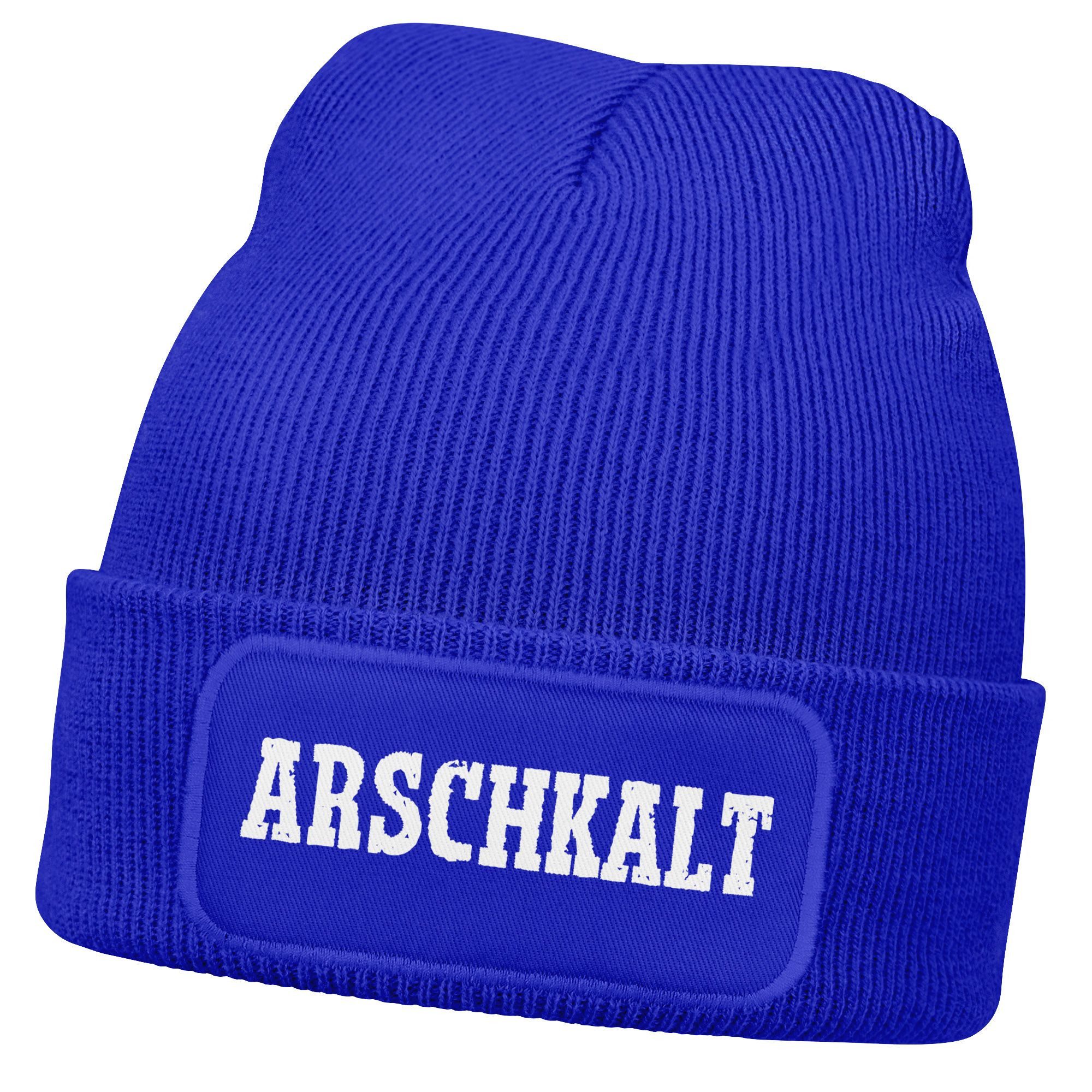 Strickmütze Moonworks® Damen Beanie mit Patch Arschkalt Strickmütze mit Spruch
