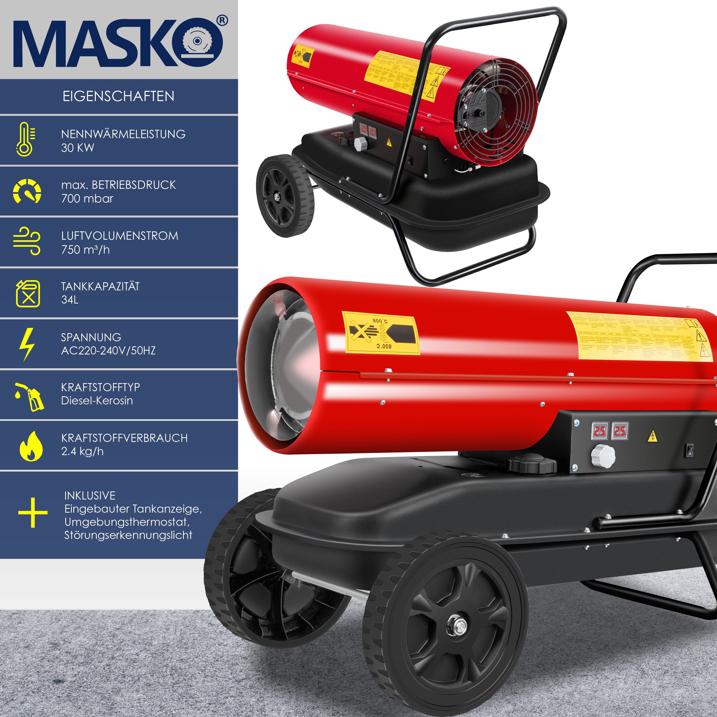 MASKO® Heizkanone Bauheizer Diesel 30kw Heizung Heizgebläse Dieselheizer Öl 