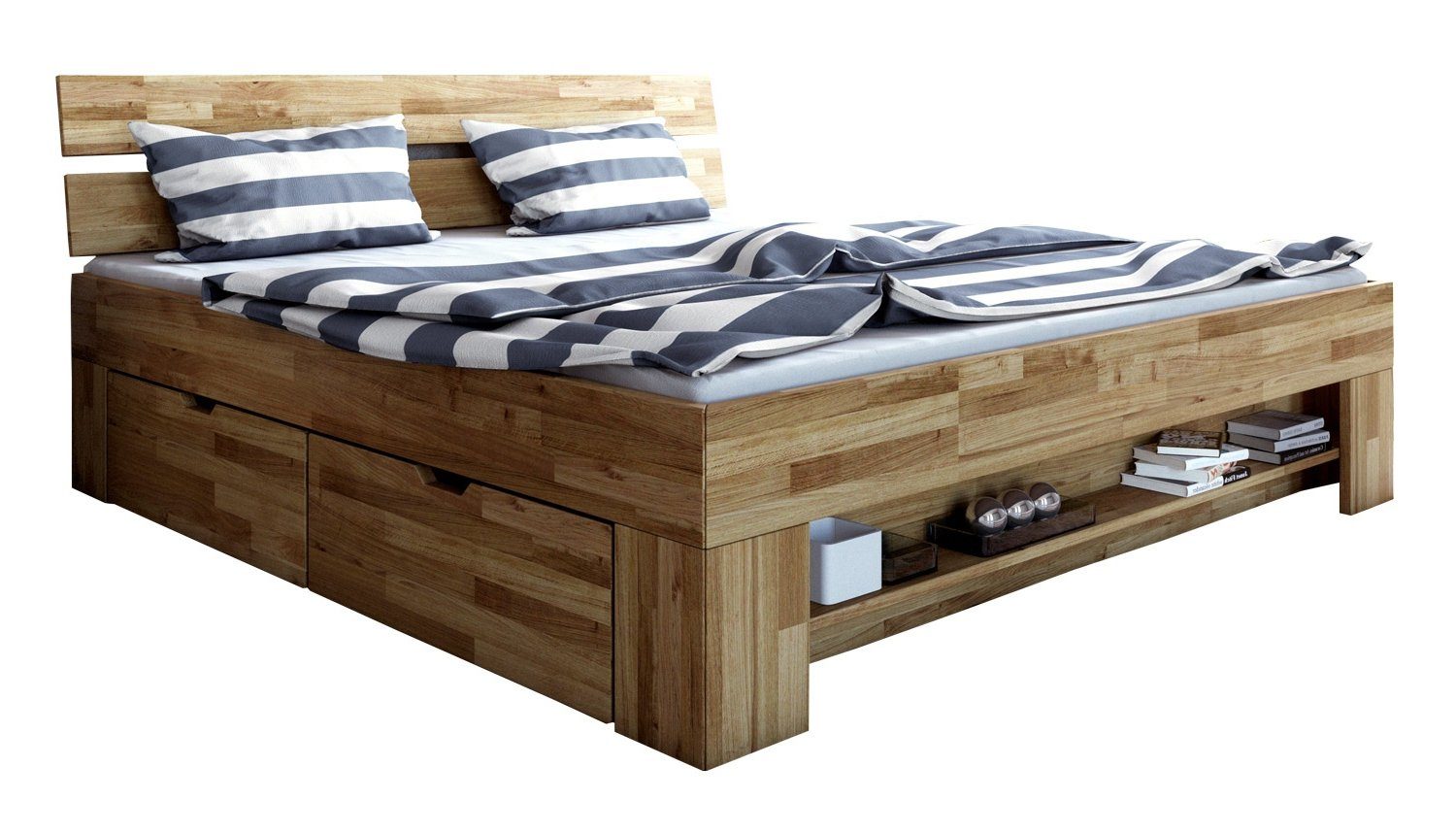 ELFO Bettgestell SARA, Wildeiche massiv geölt, 180 x 200 cm, mit 4 Schubladen