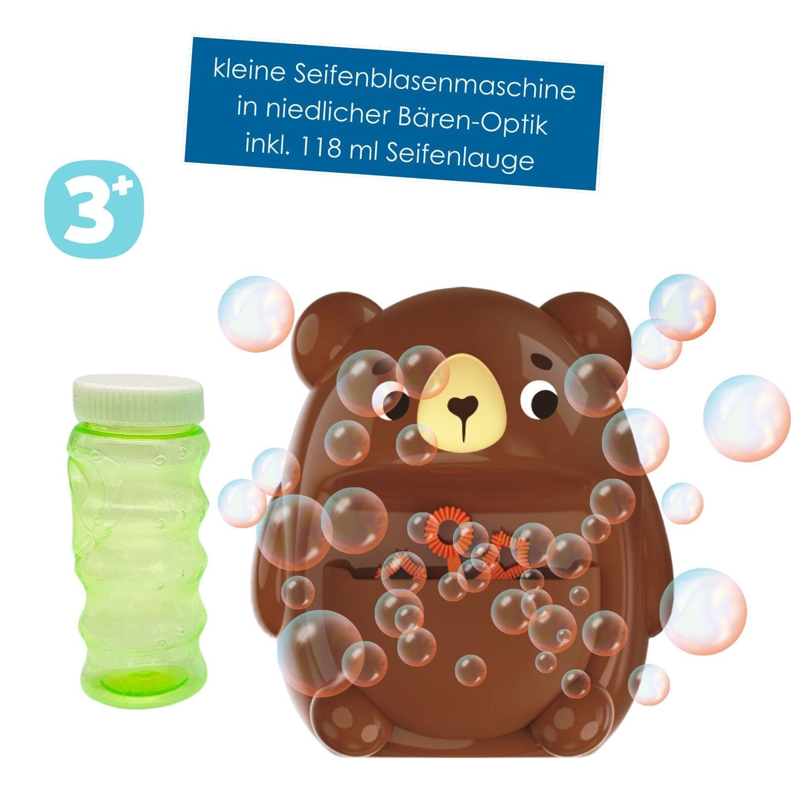 alldoro Seifenblasenmaschine Seifenblasen-Maschine Bär für Kinder ab 3 Jahren, Niedliche Seifenblasenkanone im Set mit 118 ml Seifenblasenflüssigkeit