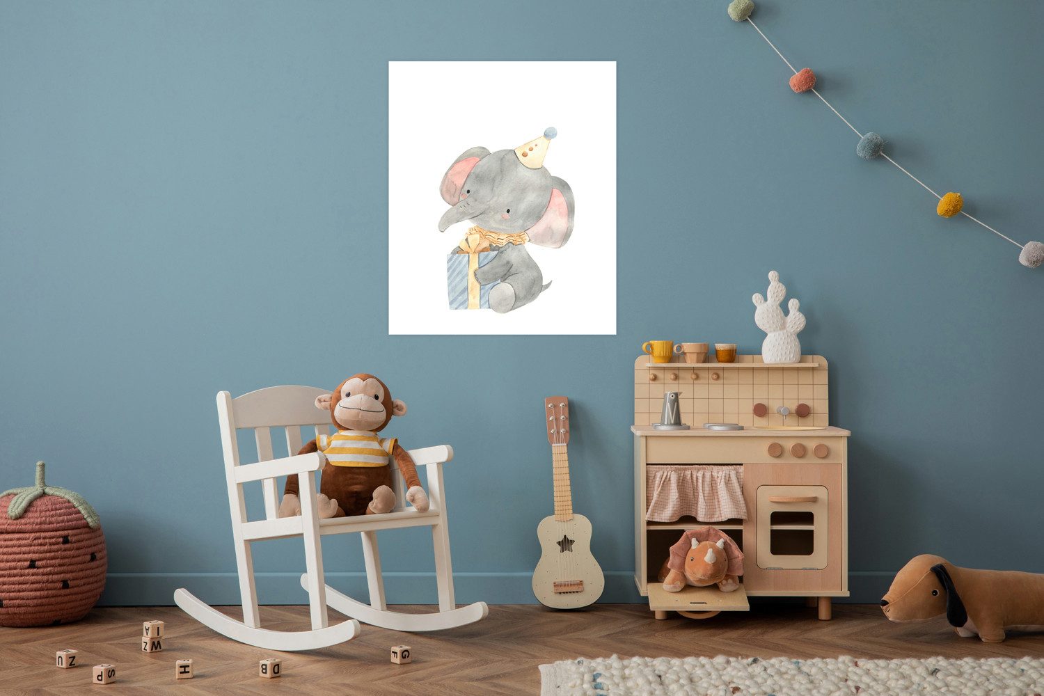 Bild mit Rahmen oder Poster, Elefant mit Geschenk und Partyhut