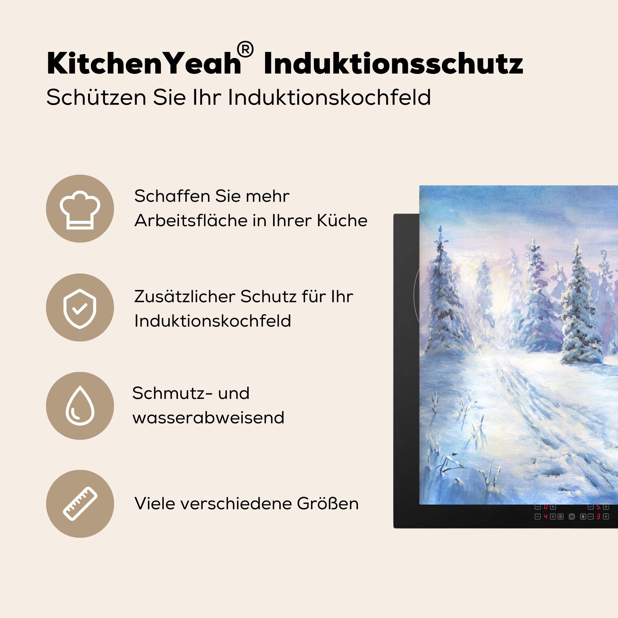 MuchoWow Herdblende-/Abdeckplatte Vinyl, für Winter - Ceranfeldabdeckung - Wald 71x52 cm, (1 Schnee, die Induktionskochfeld Schutz küche, tlg)