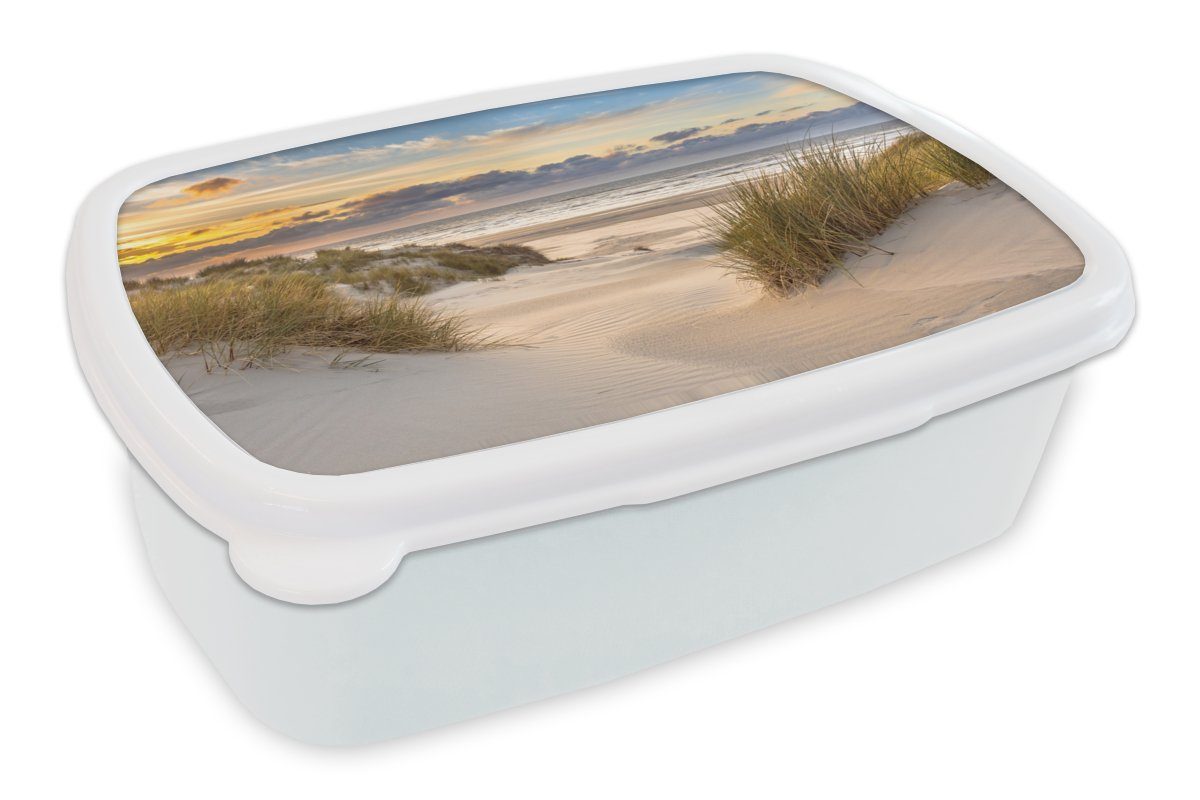 MuchoWow Lunchbox Strand - Düne - Gras - Sonnenuntergang - Meer, Kunststoff, (2-tlg), Brotbox für Kinder und Erwachsene, Brotdose, für Jungs und Mädchen weiß
