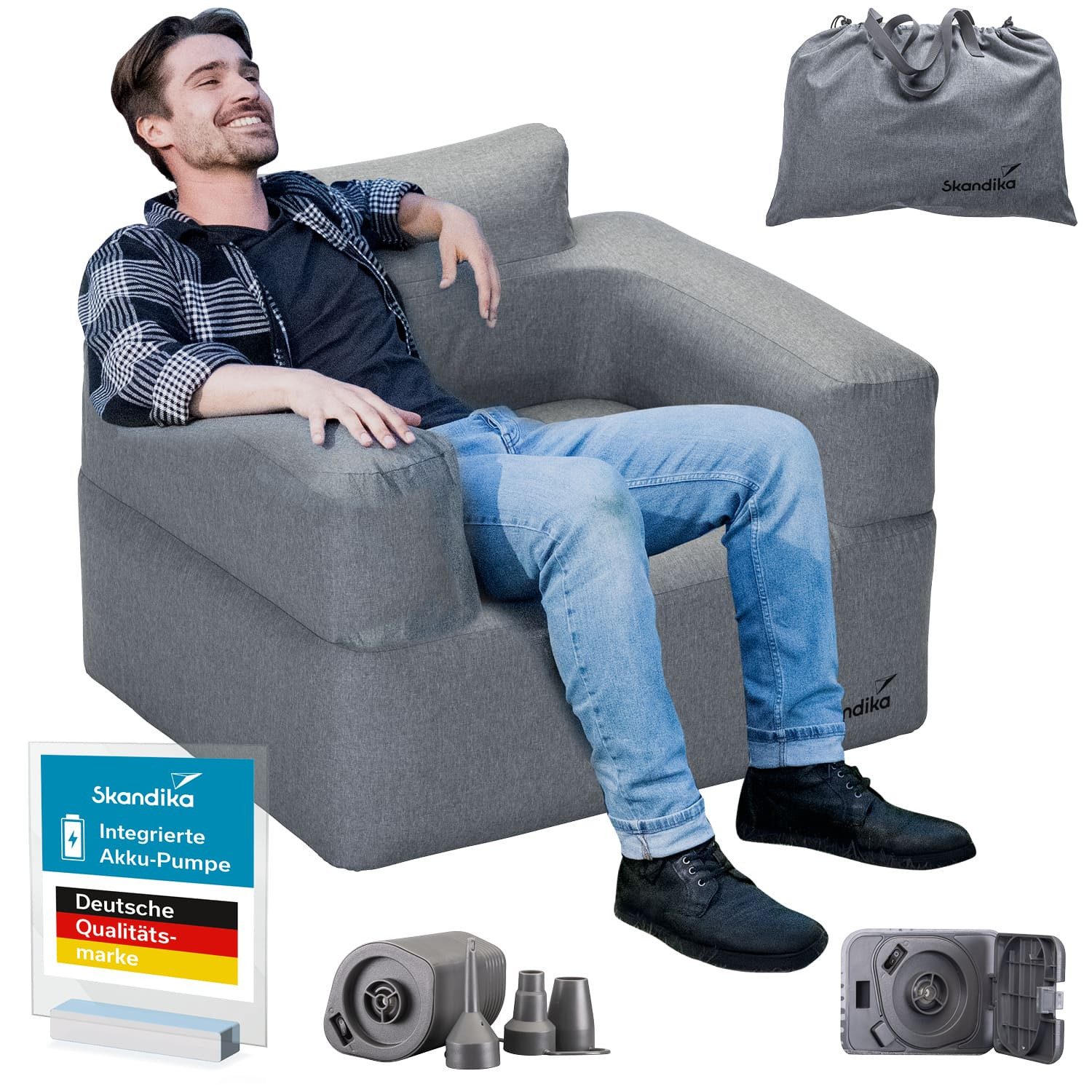 Skandika Luftsofa Easy Air Single, Aufblasbares Sofa mit Elektropumpe, Outdoor, bis 200 kg, Tragetasche, Aufladbar mit USB-Ladekabel, Indoor, Camping