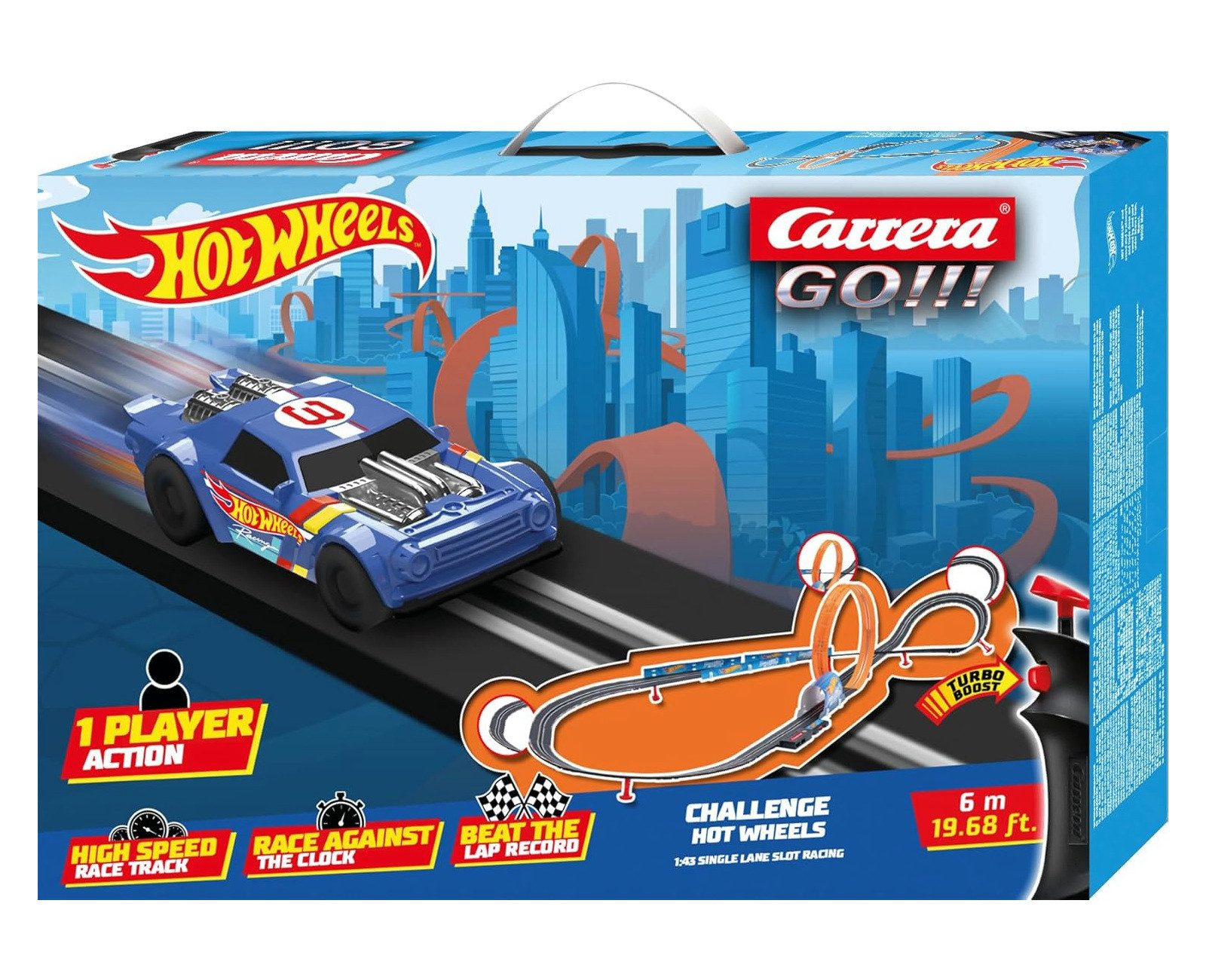 Carrera® Autorennbahn Challenge Hot Wheels Rennbahn Autorennen 2x Slotcars ab 6 (Streckenlänge 4.9 m), (Set), inkl. 2 Spielzeugautos