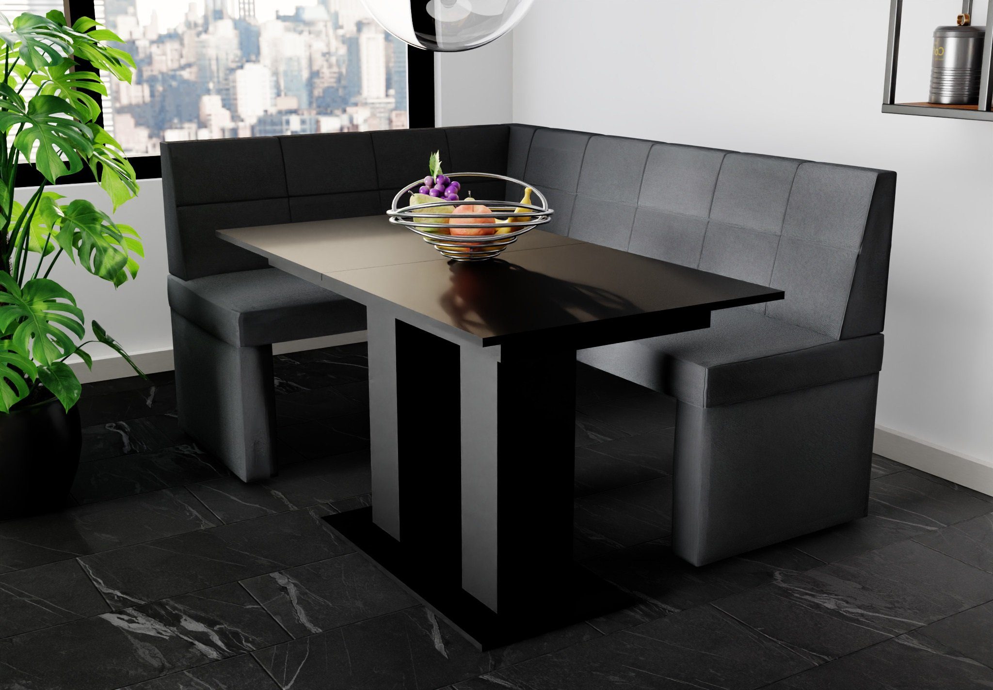 Fun Eckbankgruppe Eckbankgruppe 168x128cm Schwarz, Tisch „BLAKE“ Möbel mit ausziehbarer Tisch Größe