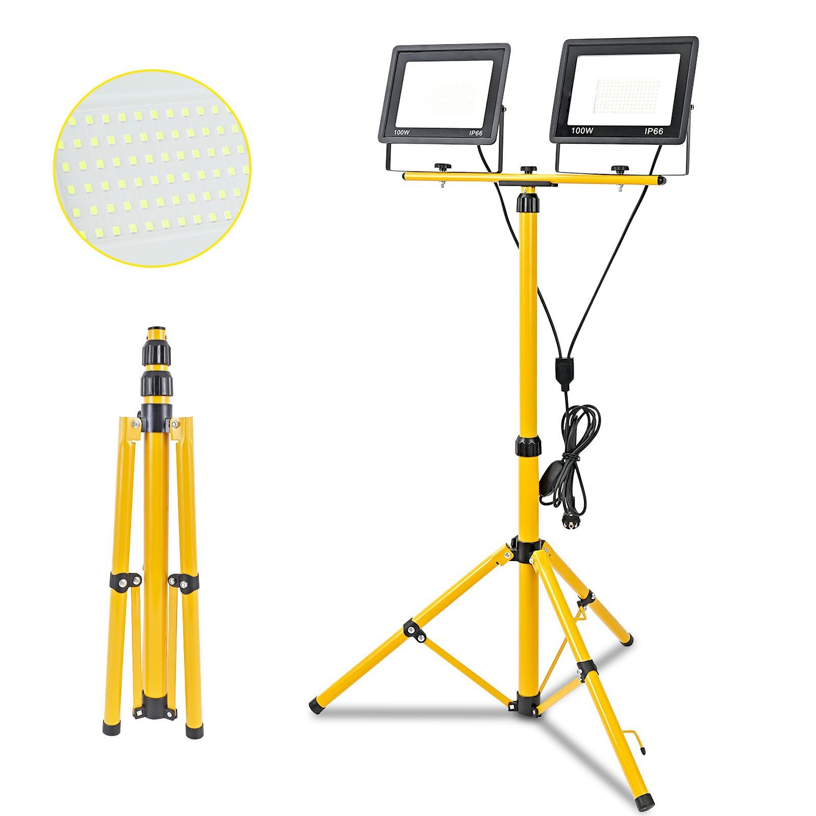 Ophy Arbeitsleuchte Stabile LED Arbeitsleuchte mit höhenverstellbarem Stativ, 200W, 3 Leuchtköpfe, IP66 wasserdicht – für Baustelle, Werkstatt & Garage