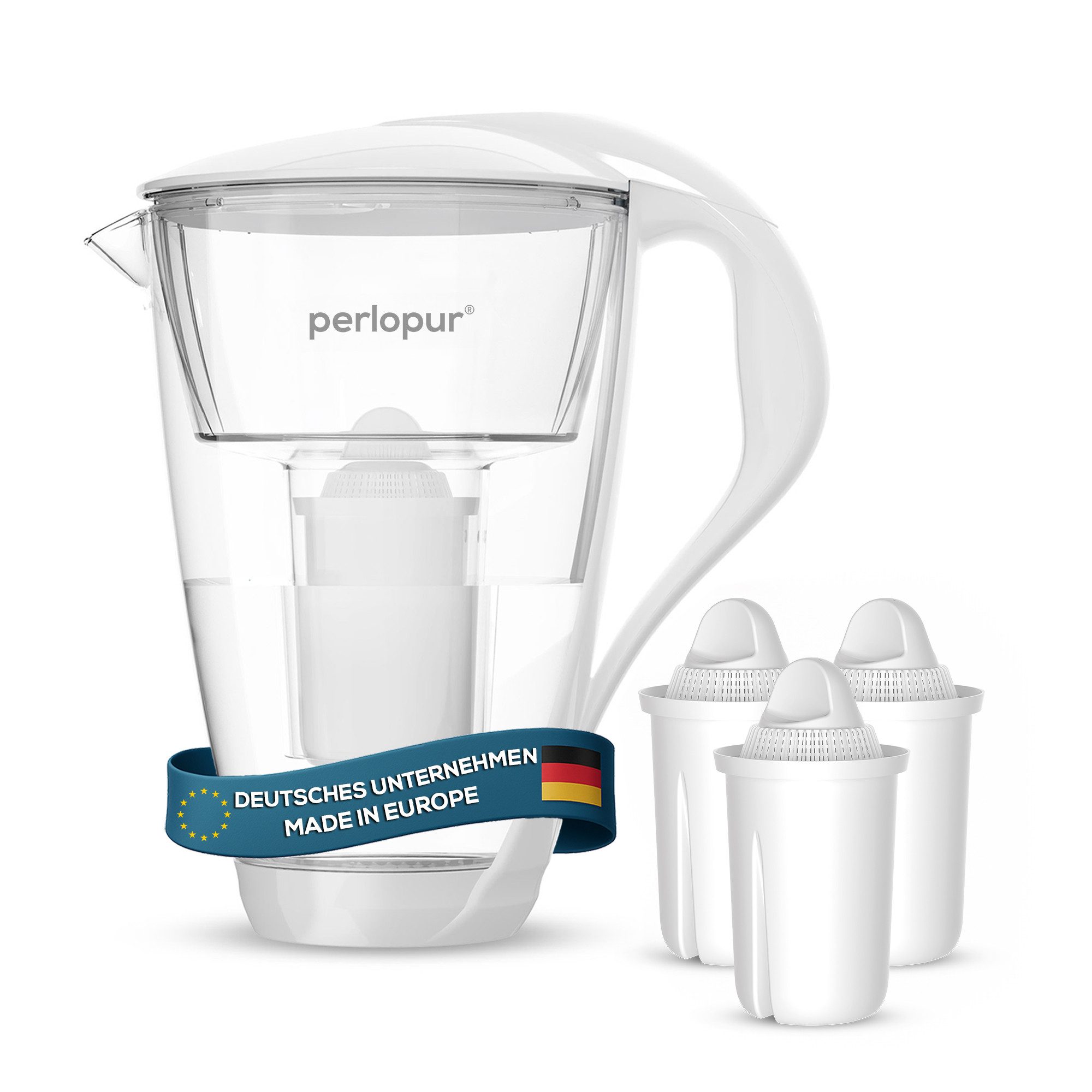 PerloPur Wasserfilter PearlCo Glas Wasserfilter Weiß Inkl. 3 Universal Filterkartuschen, Zubehör für Brita Classic u. PearlCo Classic