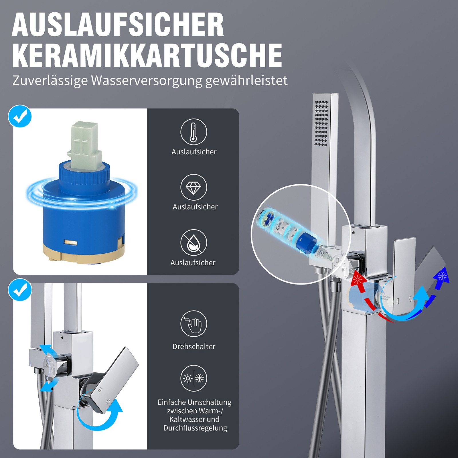 HOMELODY Wannenarmatur freistehende Wannenarmatur Messing mit Handbrause & Wasserfall freistehende Badewanne Armatur,Mischbatterie Badewanne, Wasserhahn Bad