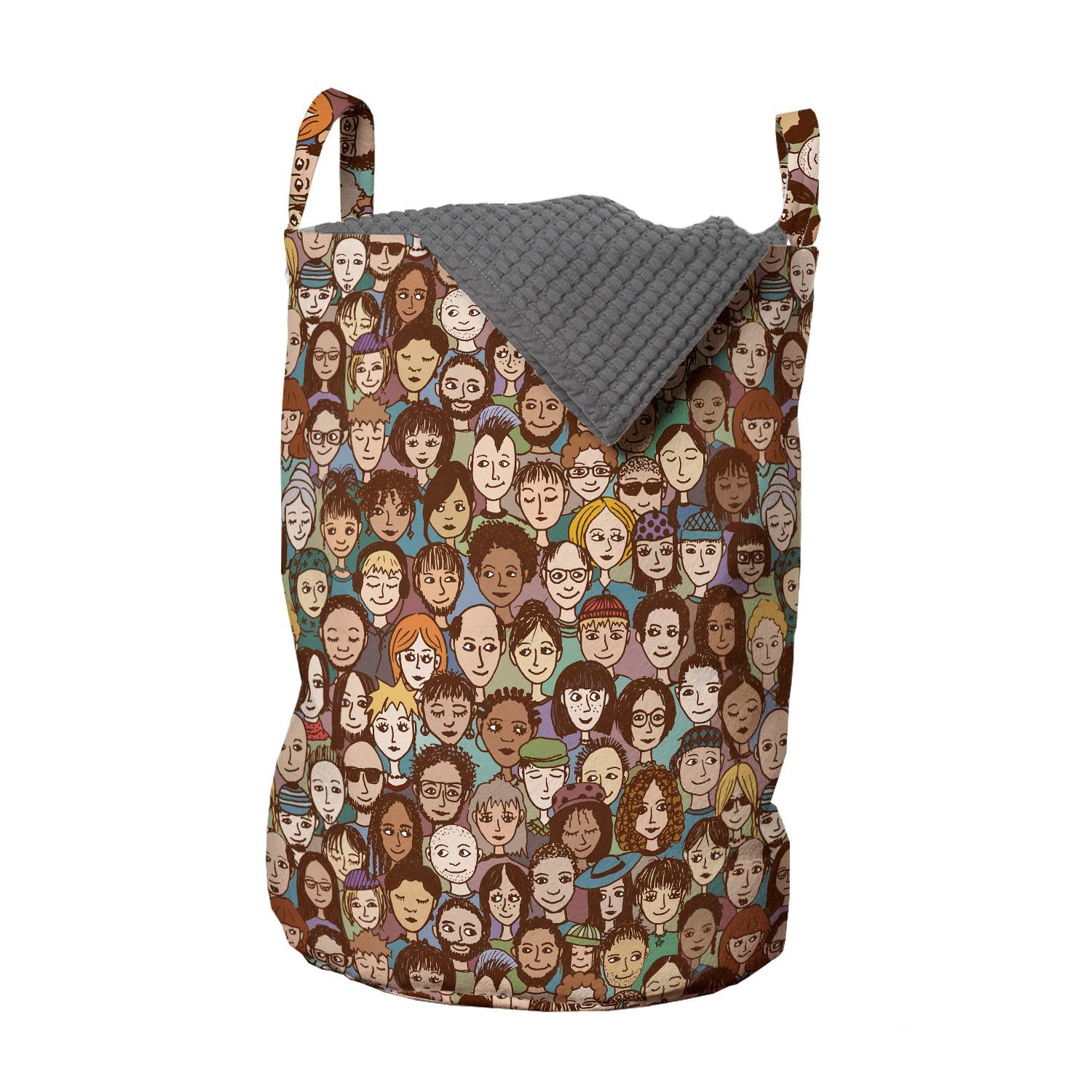 Abakuhaus Wäschesäckchen Wäschekorb mit Griffen Kordelzugverschluss für Waschsalons, Menschen Menschliche Gesichter Doodle Art-Kunst