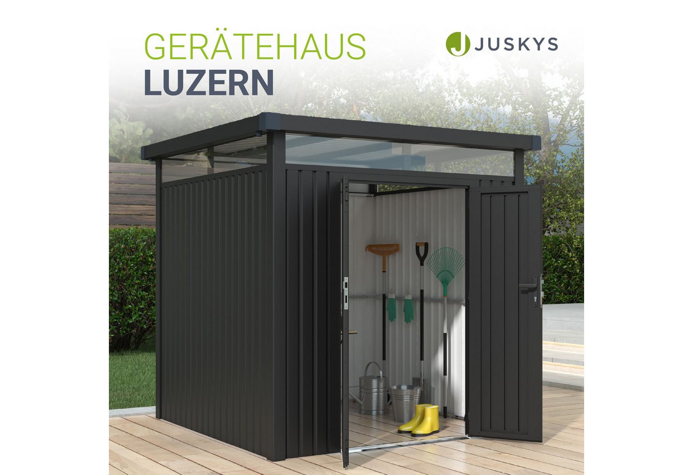 Thumbnail - Juskys Gartenhaus Luzern Pro 5,3 m², BxT: 230x230 cm, Stabiles Metall, wetterfest, langlebig, Fenster & abschließbare Tü...