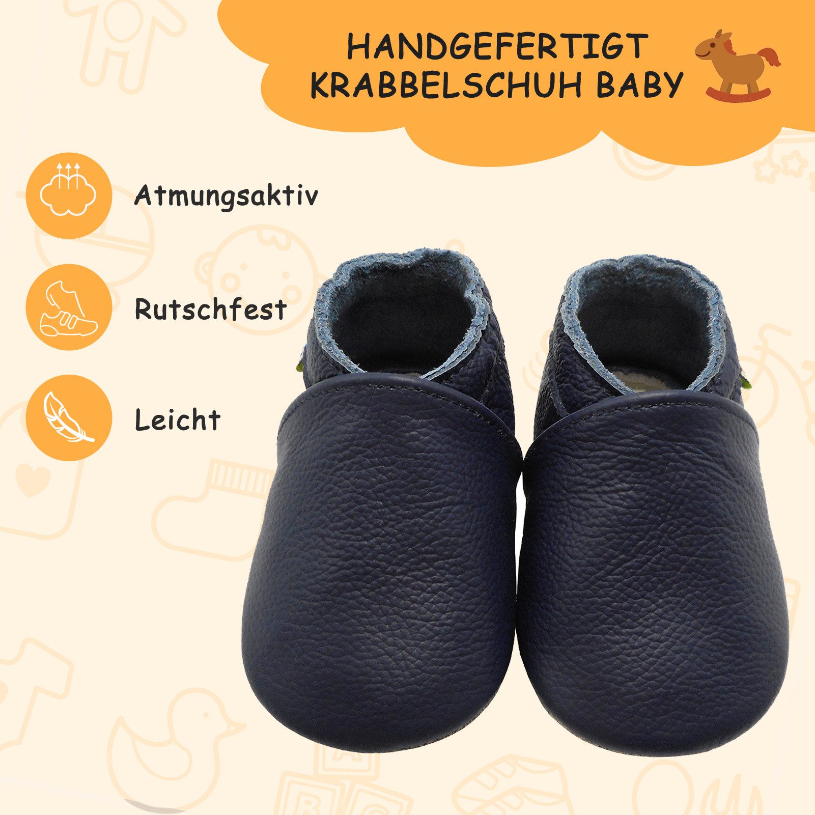 Yalion Weiche Leder Lauflernschuhe Hausschuhe Lederpuschen Dunkelblau Krabbelschuh – Bild 2 von 5