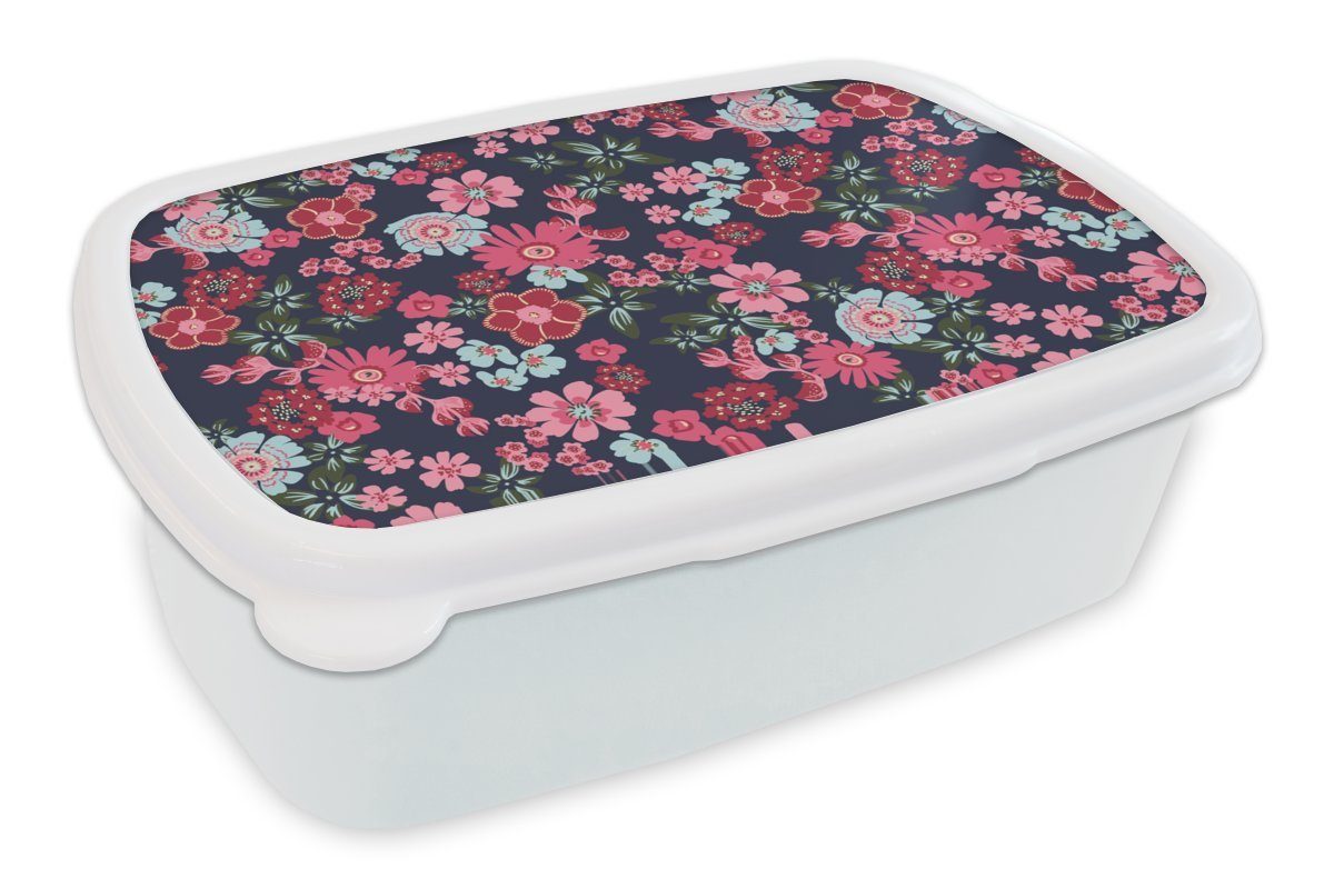 Flora Lunchbox Kunststoff, Mädchen - Brotbox - für Jungs Erwachsene, MuchoWow Muster, (2-tlg), Brotdose, Rosa - weiß Kinder und Blumen für und