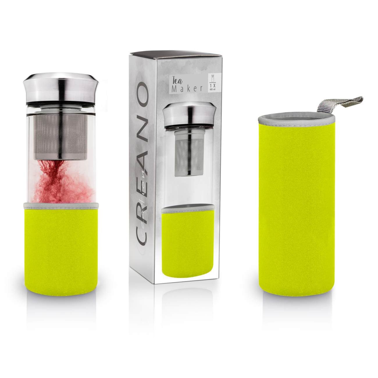 Creano Thermoflasche Teamaker „Grün“ 400 ml, Edelstahldeckel ; BPA-frei ; Inhalt 400 ml ; Borosilikatglas ; 400 ml