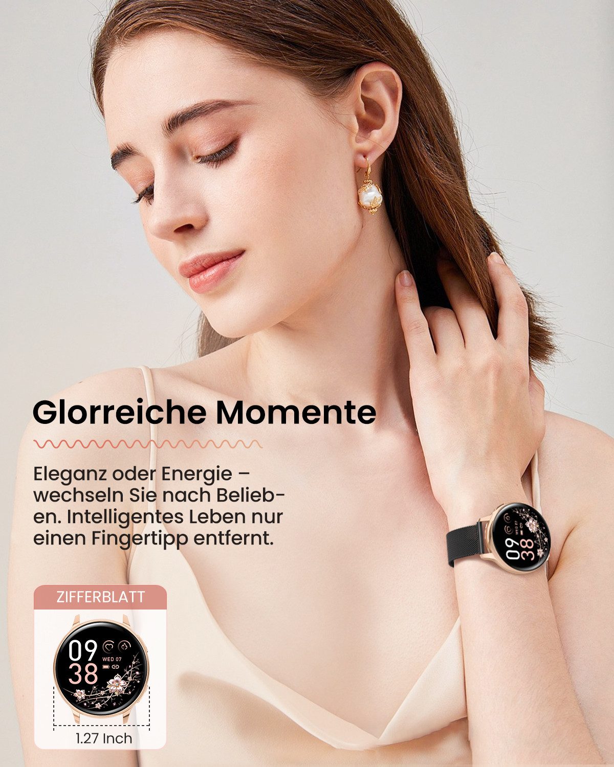 FOSMET 2026 Neue Smartwatch Damen,1.27" AMOLED,Bluetooth-Anruffunktion Smartwatch (3.23 cm) Pulsuhr,Schlafmonitor,SpO2, Fitnessuhr Damen, Sportuhr, Watch, IP68/mit Herzfrequenz/SpO2/Blutdruck/Schlafüberwachungsfunktion