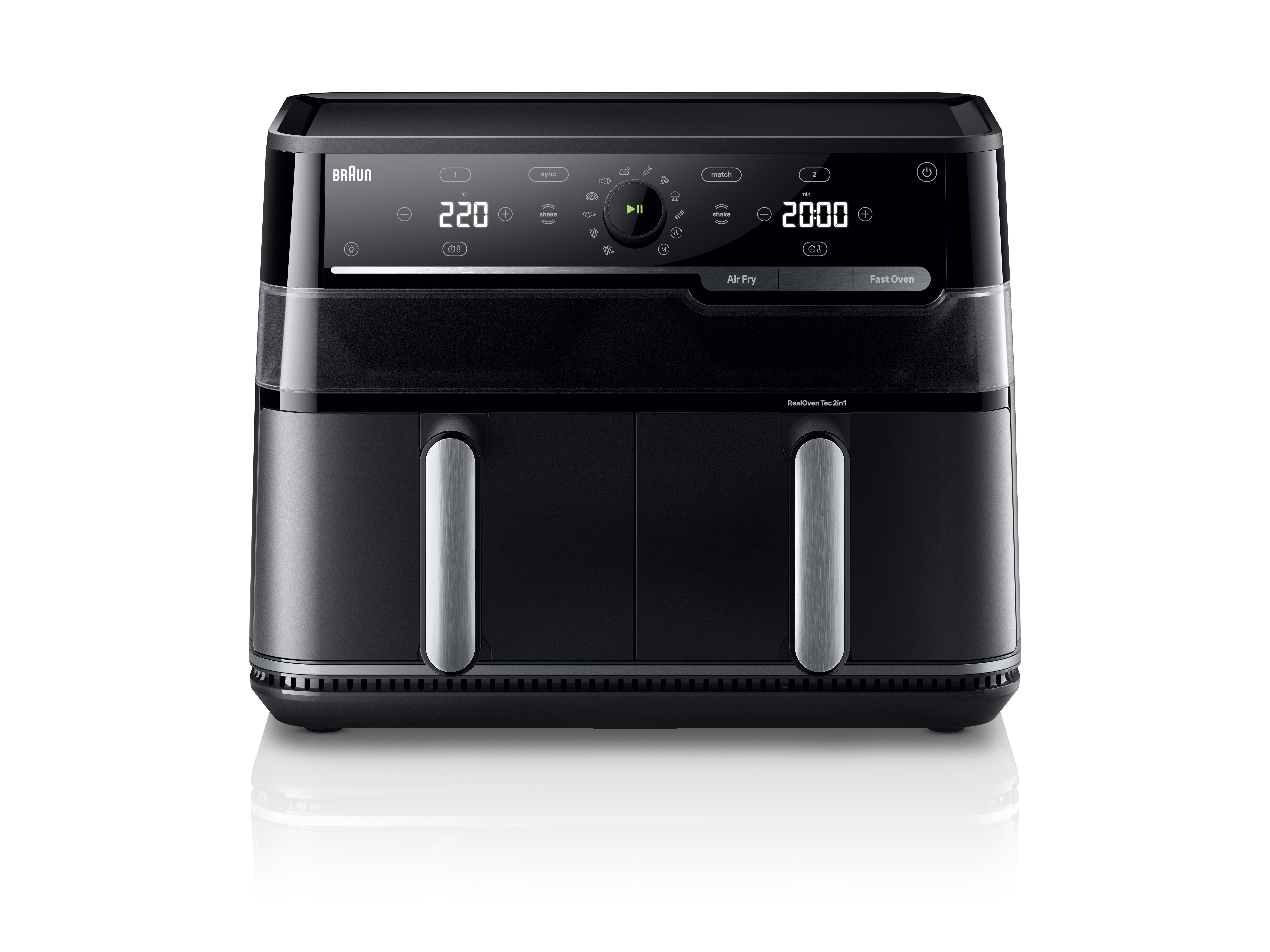 Braun Heißluftfritteuse TwinCook 5 Airfryer TD 5053I BK, 10,0 Liter, 15 Kochrogramme, PFAS-frei, 2850 W, 2 in 1-Gerät: Frittieren & Backen, Sichtfenster, Sync & Match Funktion