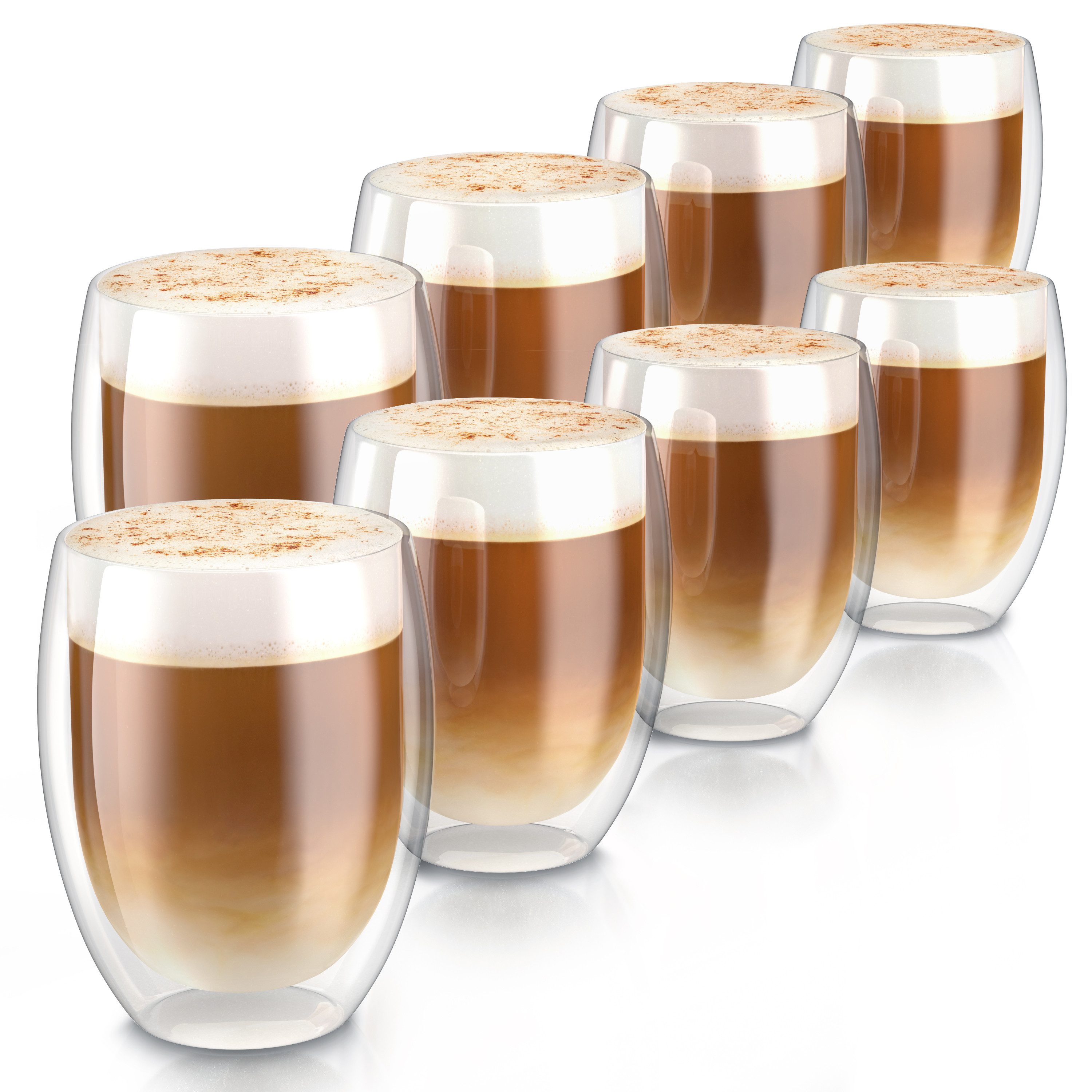 Arendo Gläser-Set doppelwandige Thermogläser, 350 ml Kaffeetasse, Trinkglas ohne Henkel, 8-tlg., Glas, für Latte Macchiato, Cappuccino, Tee, hitzebeständig spülmaschinenfest