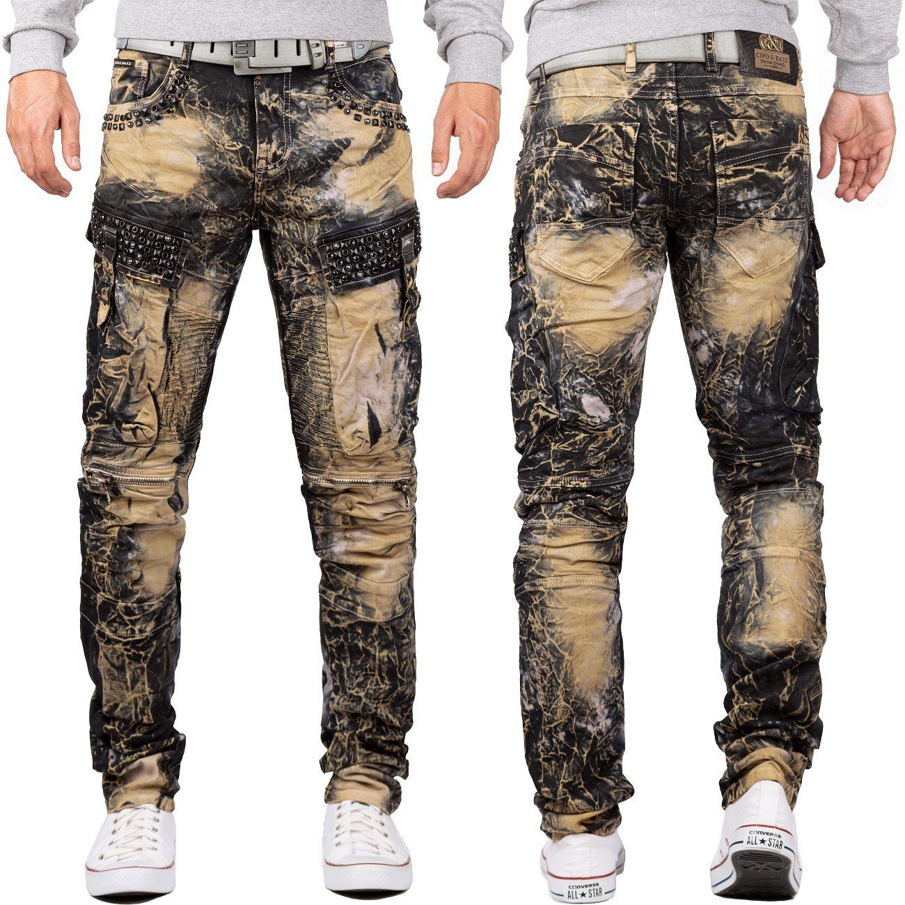 Strasssteinen Waschung und Cipo khaki Baxx Seitentaschen & BA-CD494 mit Freizeithose besonderer Regular-fit-Jeans mit