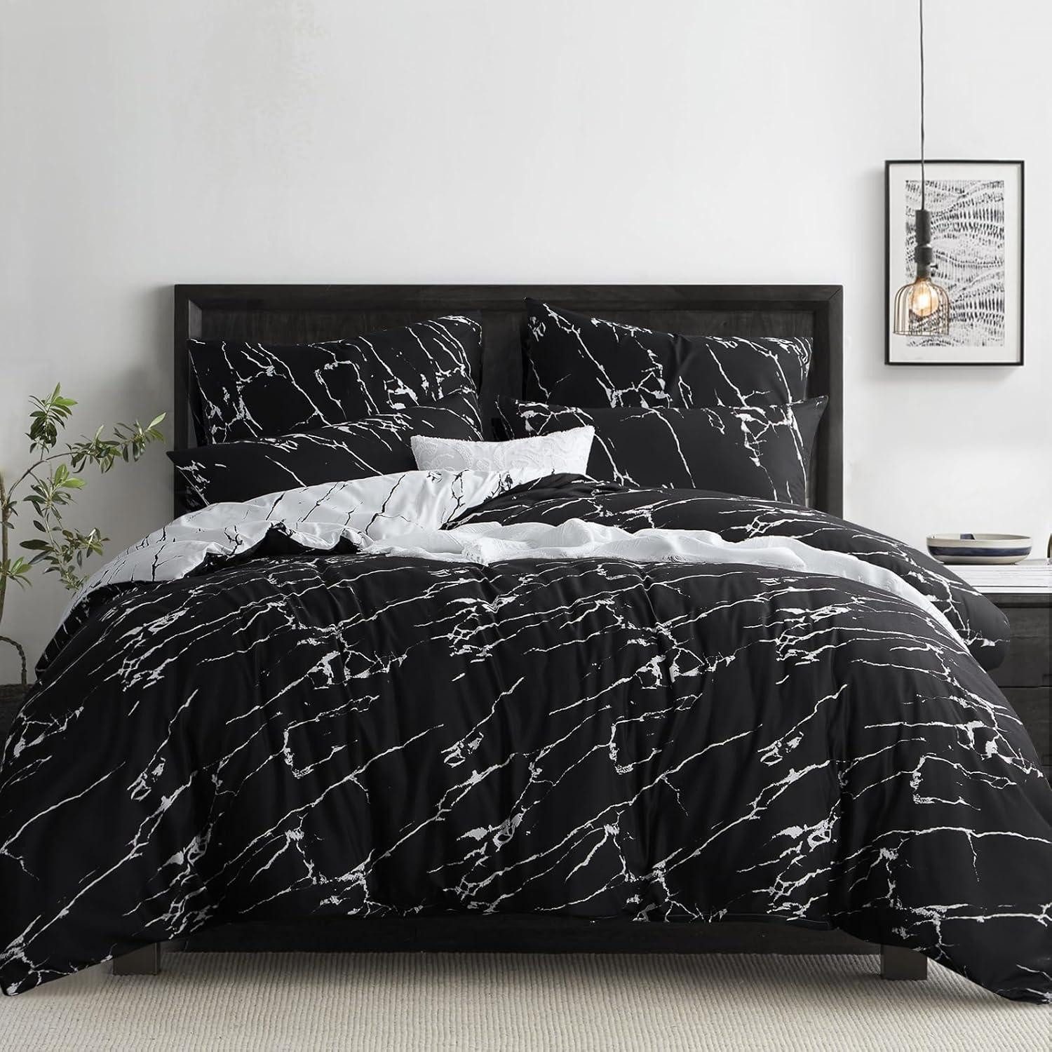 LuxusKollektion Bettwäsche Bettwäsche 220x240 3teilig Schwarz Mikrofaser 220x240 Marmor