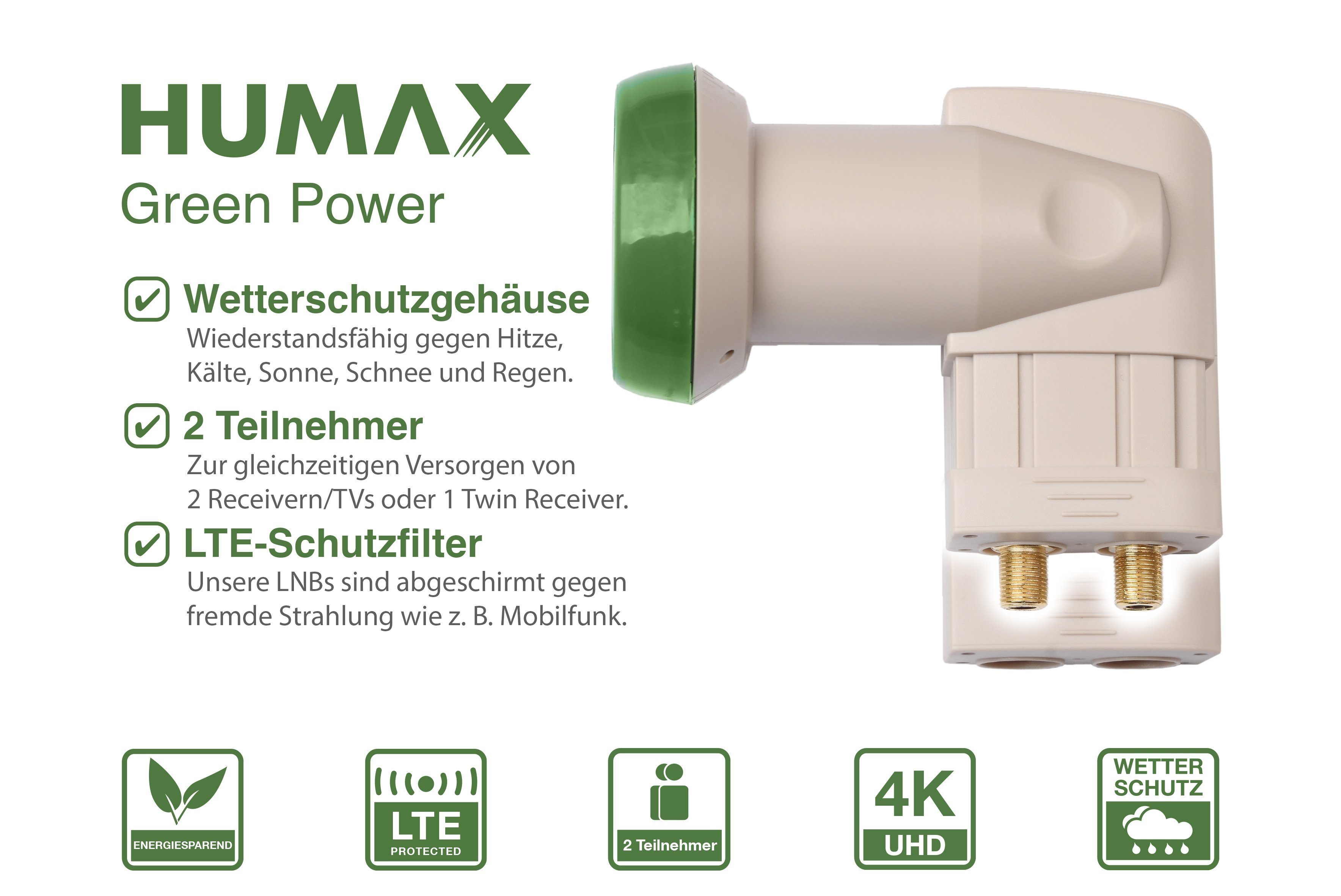 Humax Green Power Twin-LNB 322, stromsparend Universal-Twin-LNB (für 2 Teilnehmer, Umweltfreundliche Verpackung, LTE Filter)