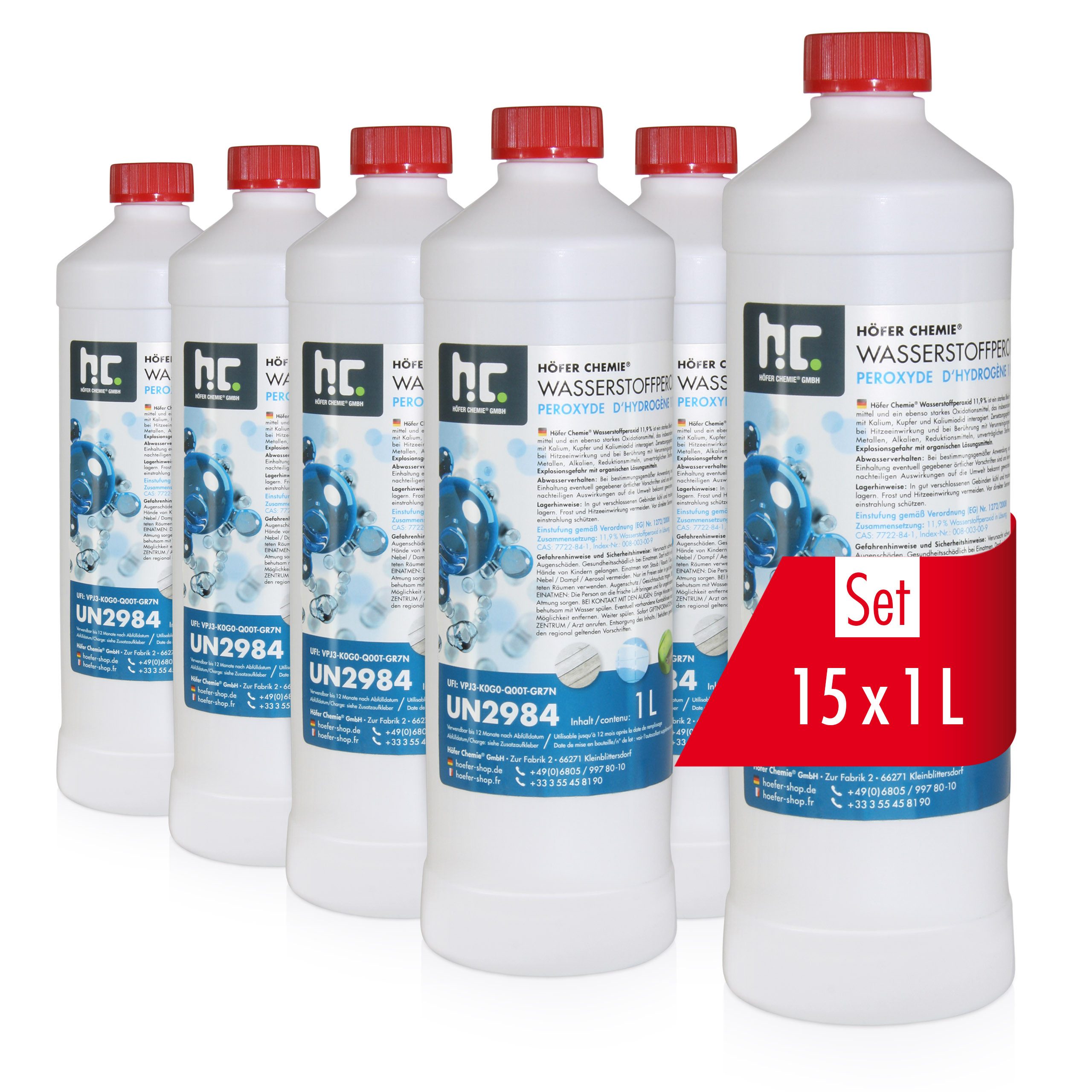Höfer Chemie GmbH 15x 1 L Wasserstoffperoxid 11,9% Grundreiniger (Vielseitig einsetzbar zur Reinigung)