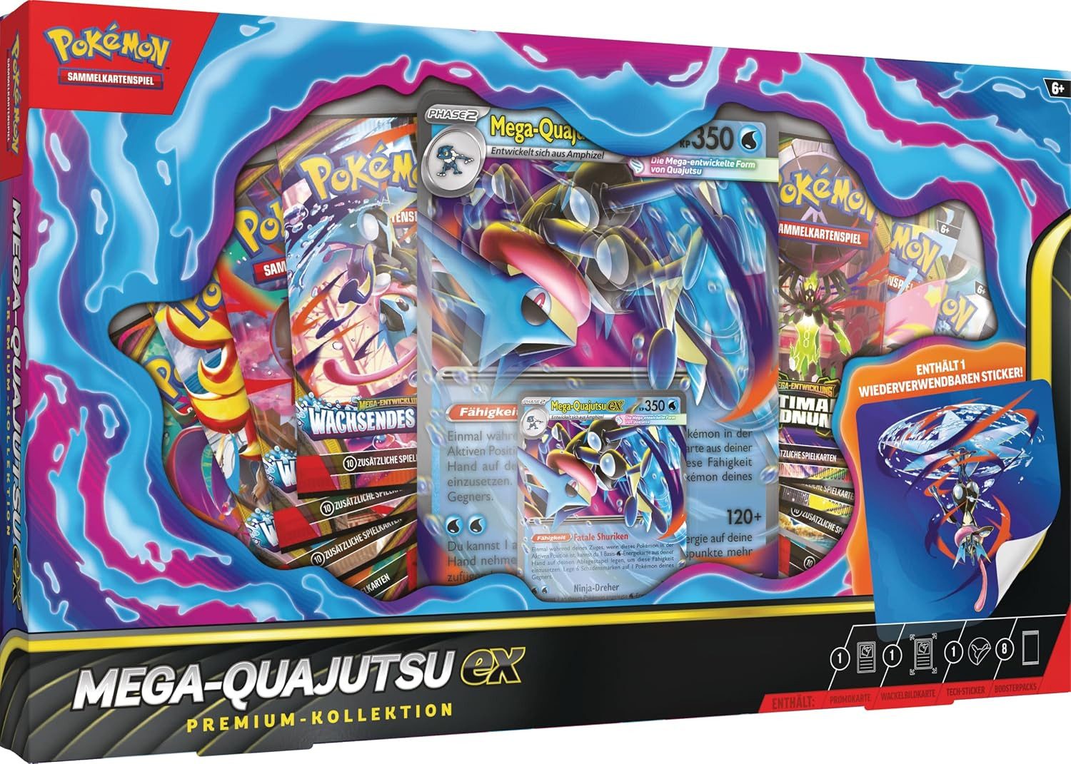 The Pokémon Company International Sammelkarte PKM Premium Mega-Quajutsu EX Box 8 Boosterpacks, Premium-Kollektion, überdimensionaler Wackelbildkarte