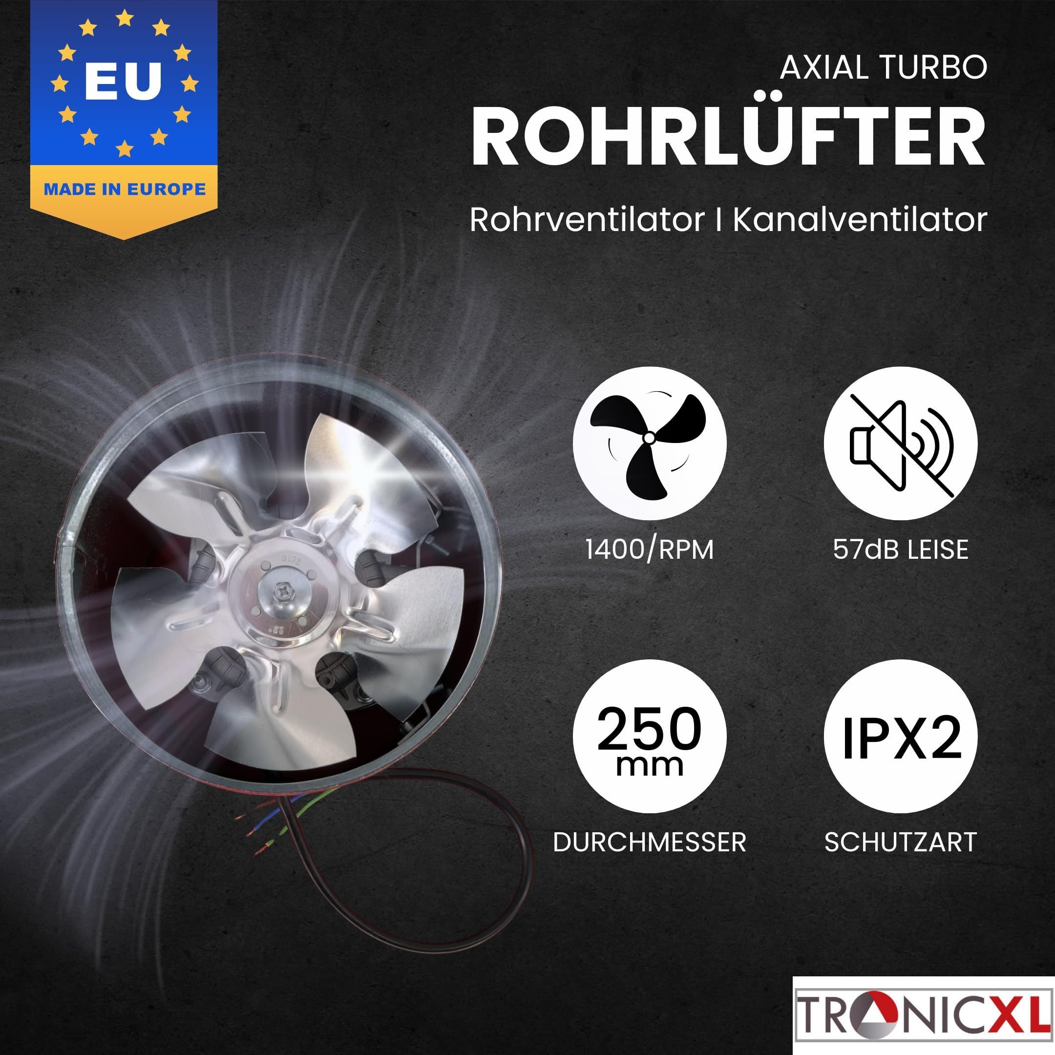 TronicXL Turboventilator 250mm Axial Rohrlüfter Abluftventilator Lüfter Zuluft Rohrventilator, Belüftung Abluft Zuluft Rohrventilator Axialventilator Stahl