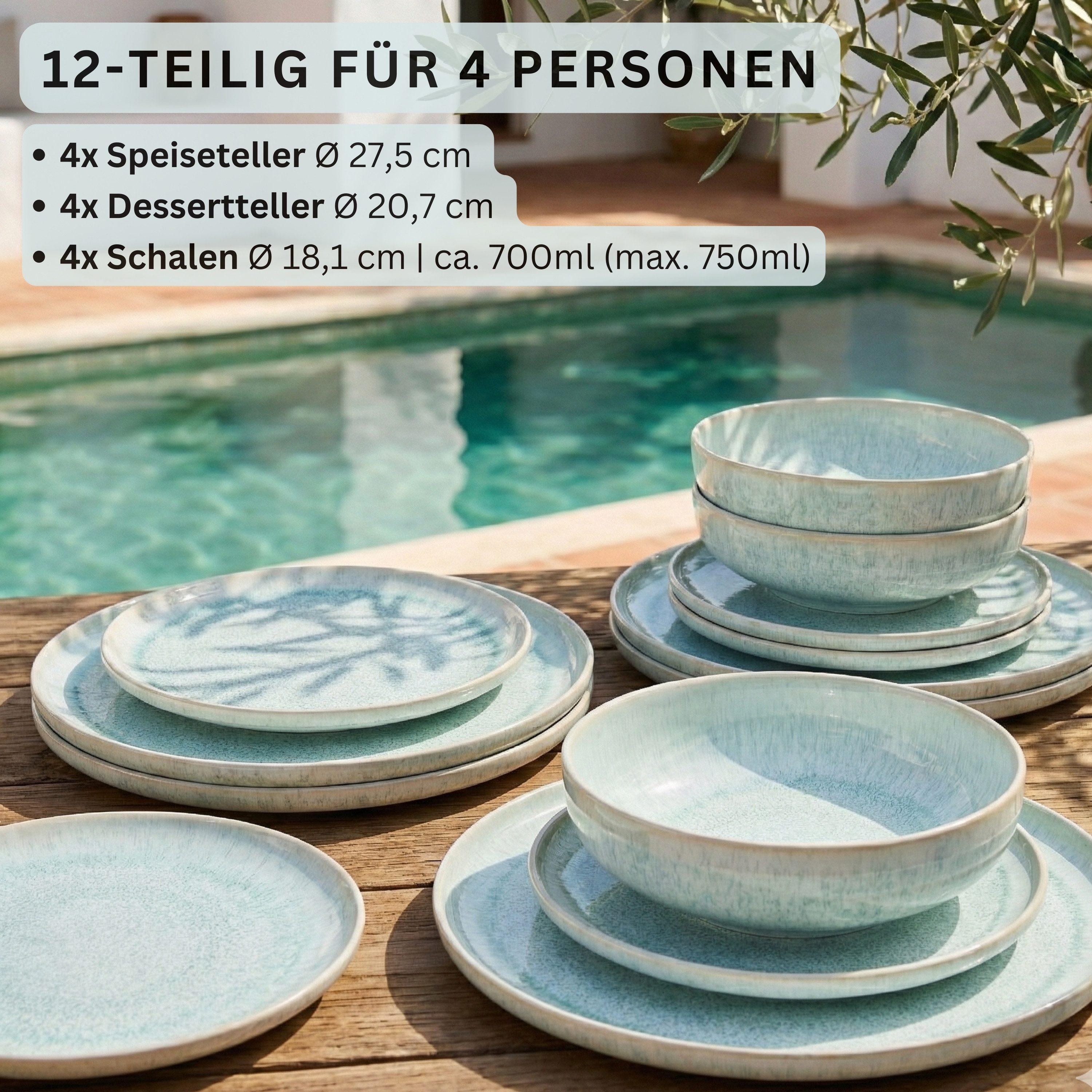 SÄNGER Tafelservice Paros (12-tlg), 4 Personen, Steingut, Blau Türkis, Handmade Premium Collection