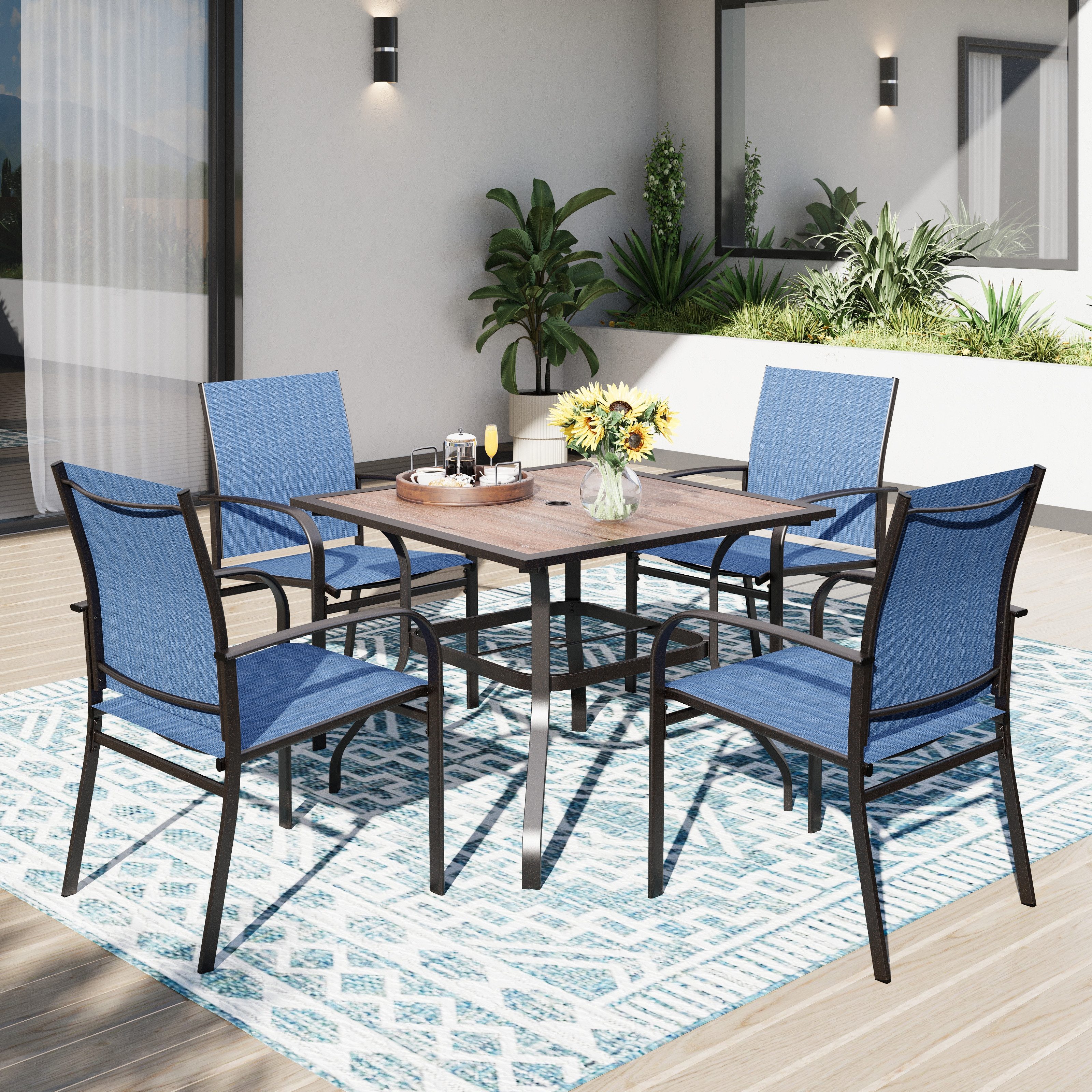 PHI VILLA Garten-Essgruppe, (5-teiliges Gartenmöbel Set Wetterfest, Gartentisch und 4 Textilene Stühle), Terrassenmöbel Sitzgruppe Outdoor für Balkon, Deck, Hof