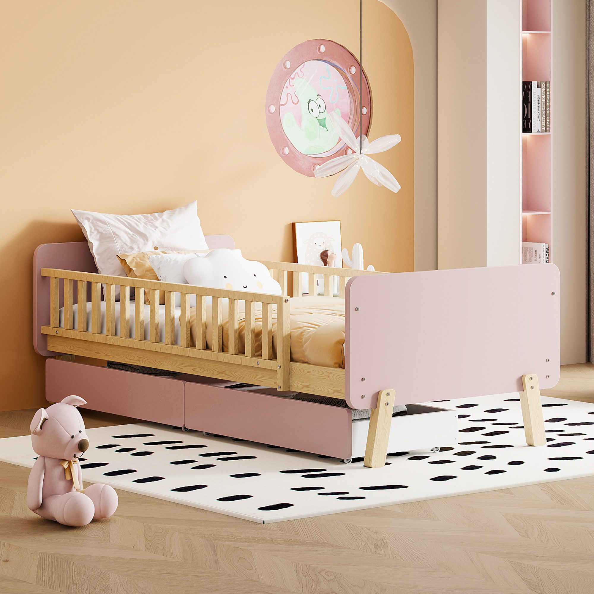 OKWISH Kinderbett mit 2 Schubladen (Holzbett aus Massivholz mit Lattenrost 90x190 cm), ohne Matratze