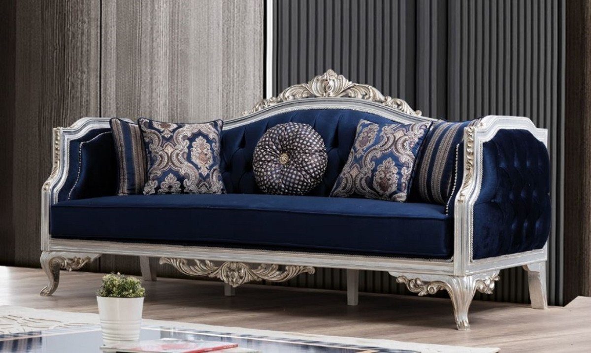 Casa Padrino Sofa Luxus Barock Sofa Blau / Silber / Gold 228 x 90 x H. 110 cm - Wohnzimmer Sofa im Barockstil - Barock Möbel - Edel & Prunkvoll