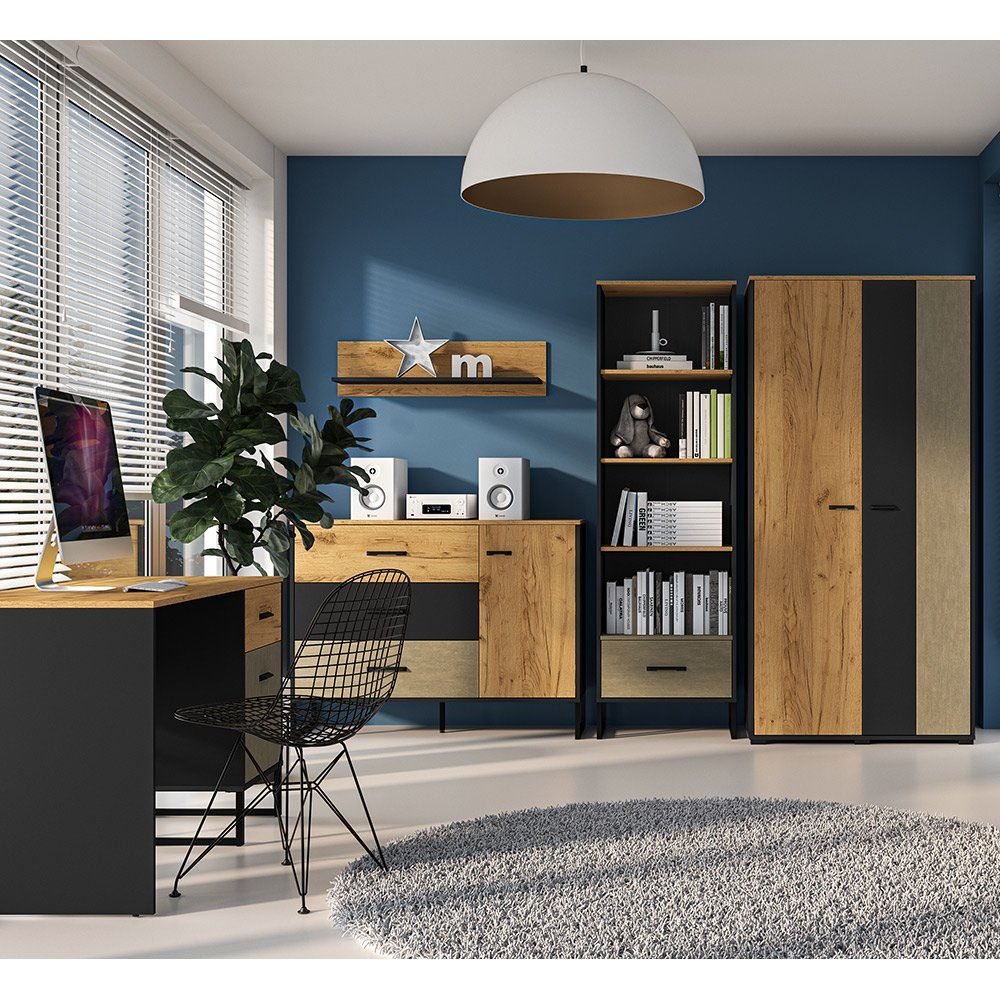 Lomadox Jugendzimmer-Set CASPER-131, (Sparset, 5-tlg), mit Schreibtisch in schwarz/Eiche/sandfarben | Komplett-Jugendzimmer