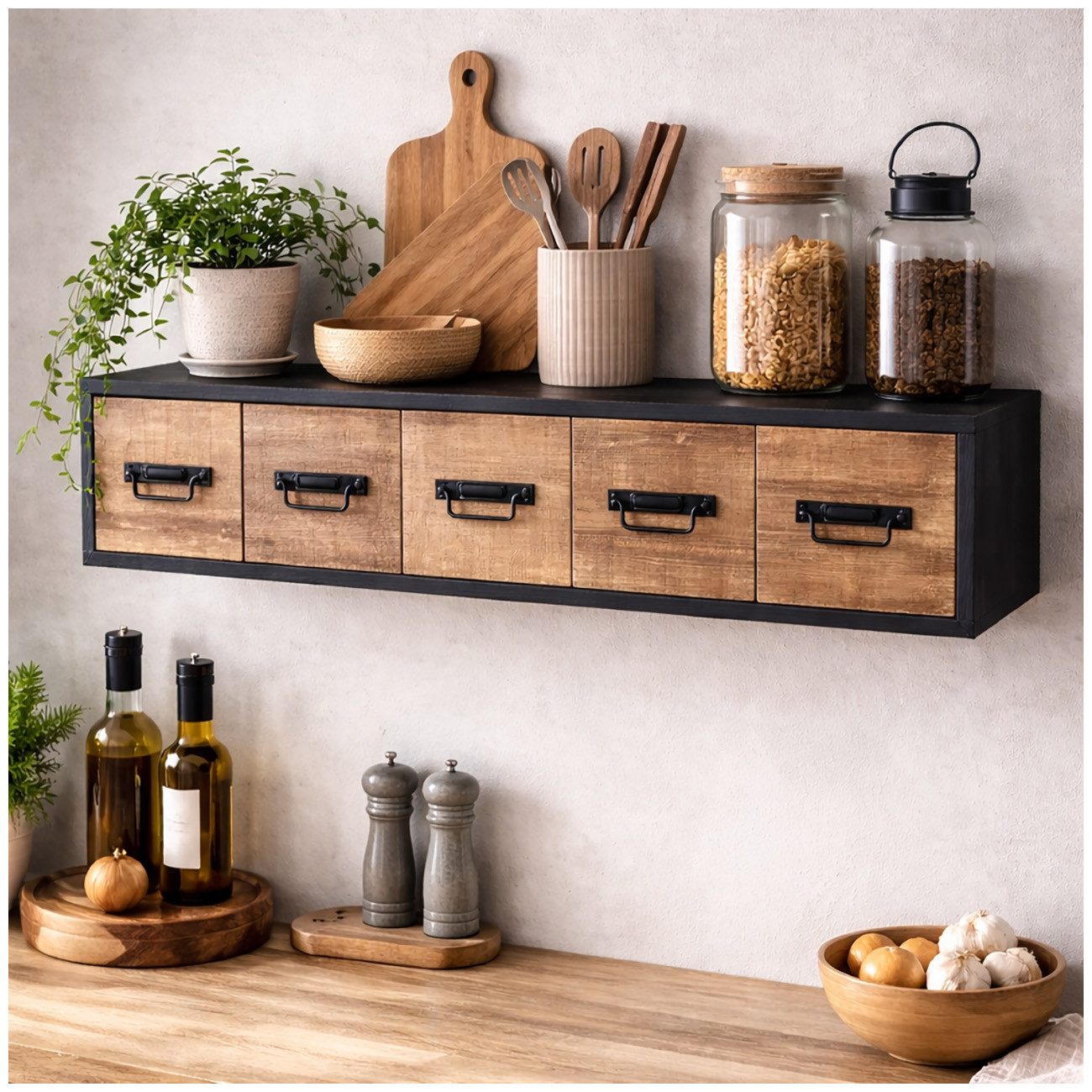 HTI-Living Wandboard Wandregal Industrial mit 5 Schubladen Vintage Wandboard mit Ablage