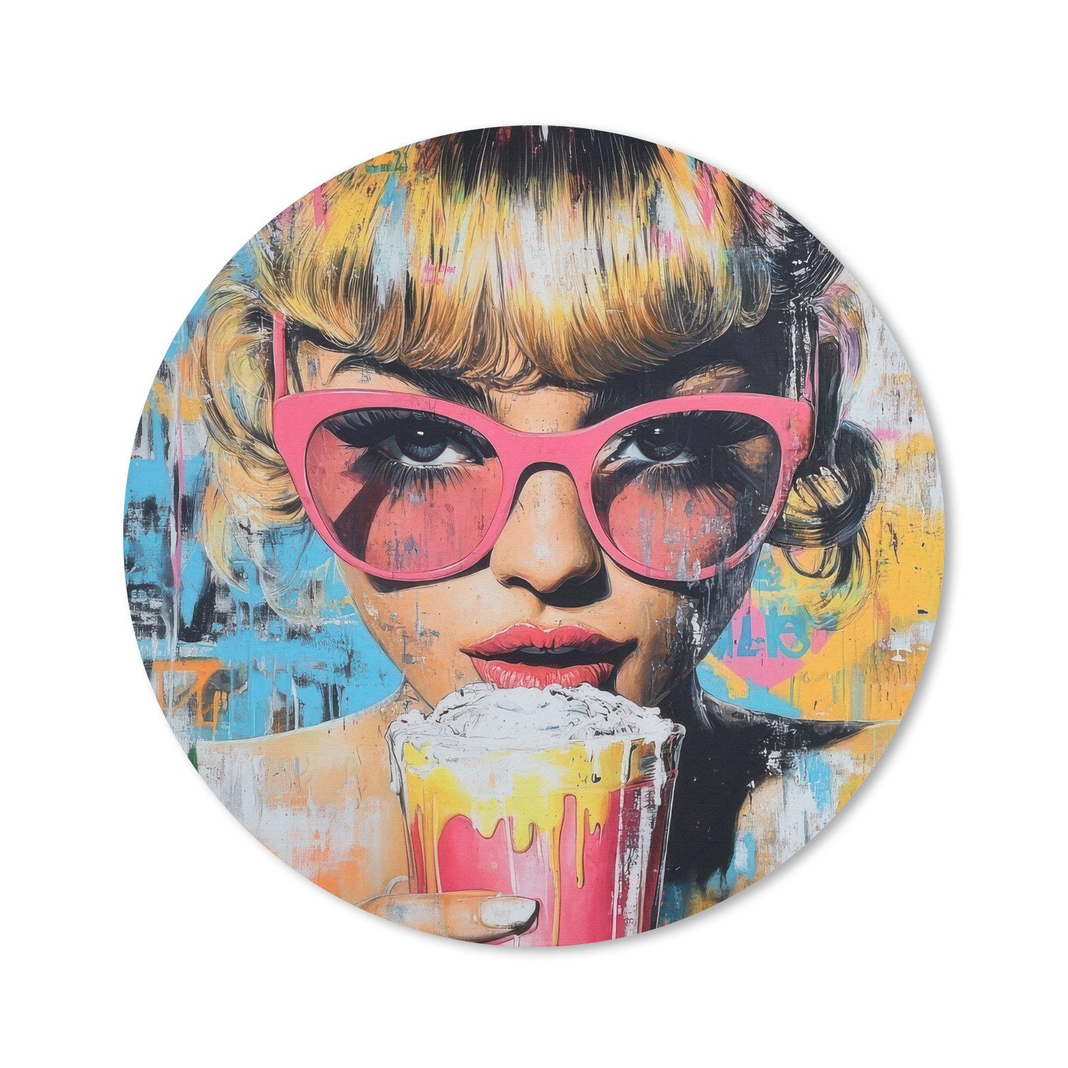 MuchoWow Mauspad Sonnenbrille - Frau - Bunt - Farbspritzer (1-St), Gaming, Rutschfester Unterseite, Mausunterlage, Rund 50x50 cm