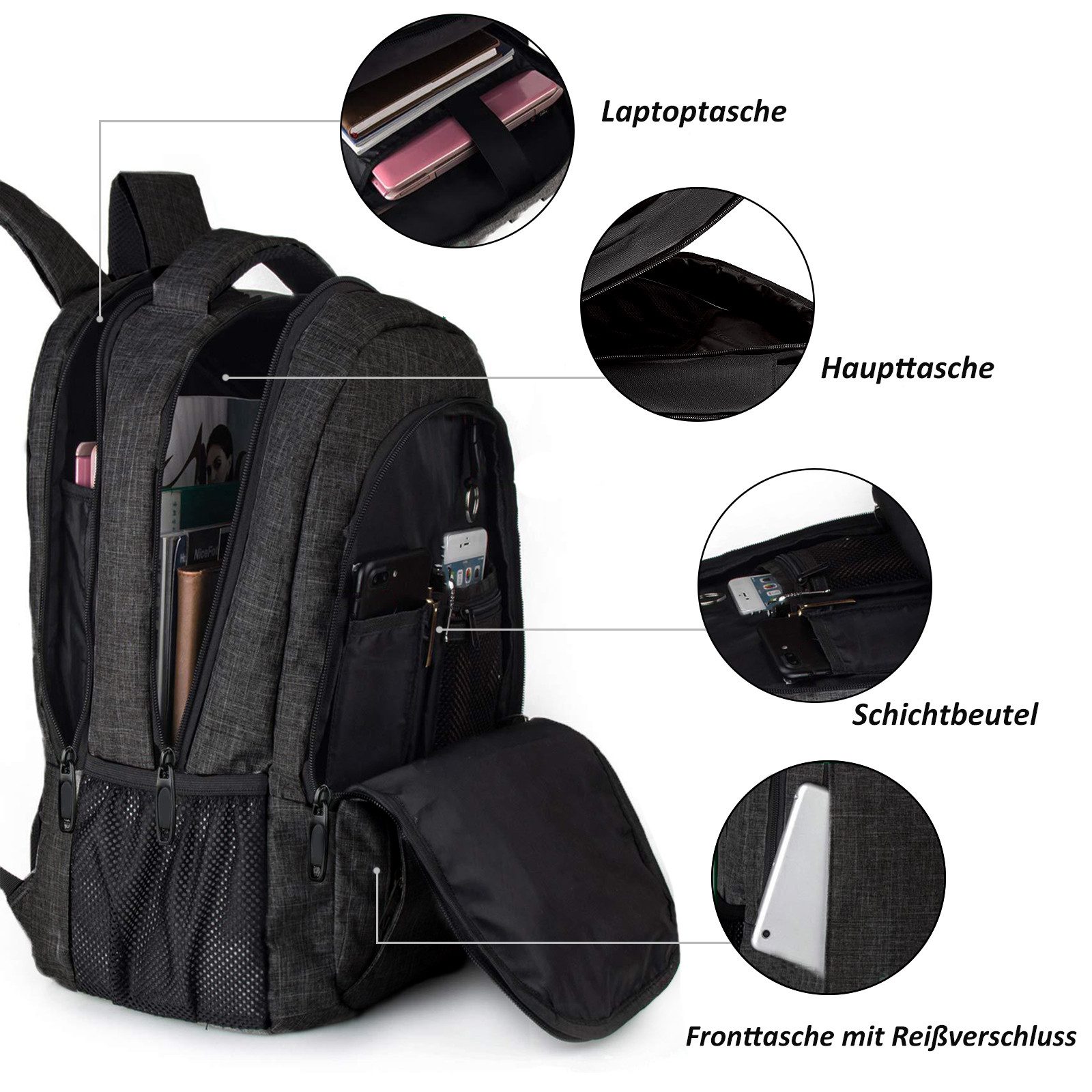 TAN.TOMI Rucksack Laptop-Rucksack Herren mit USB-Ladebuchse, Große Kapazität Casual Rucksack für 15,6" Laptop