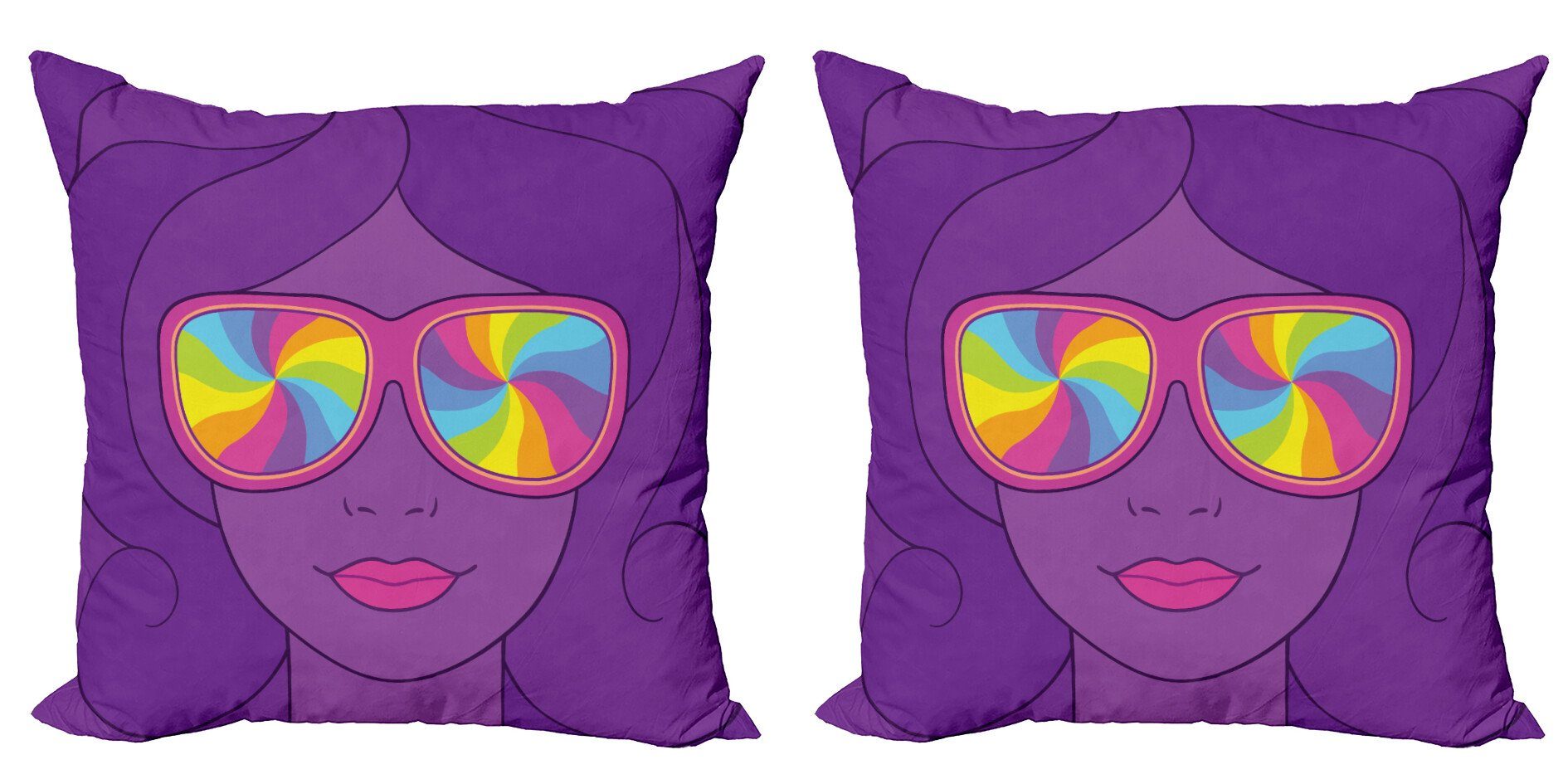 Kissenbezüge Modern Accent Doppelseitiger Digitaldruck, Abakuhaus (2 Stück), Retro Mädchen mit Regenbogen-Sonnenbrille | Kissenbezüge