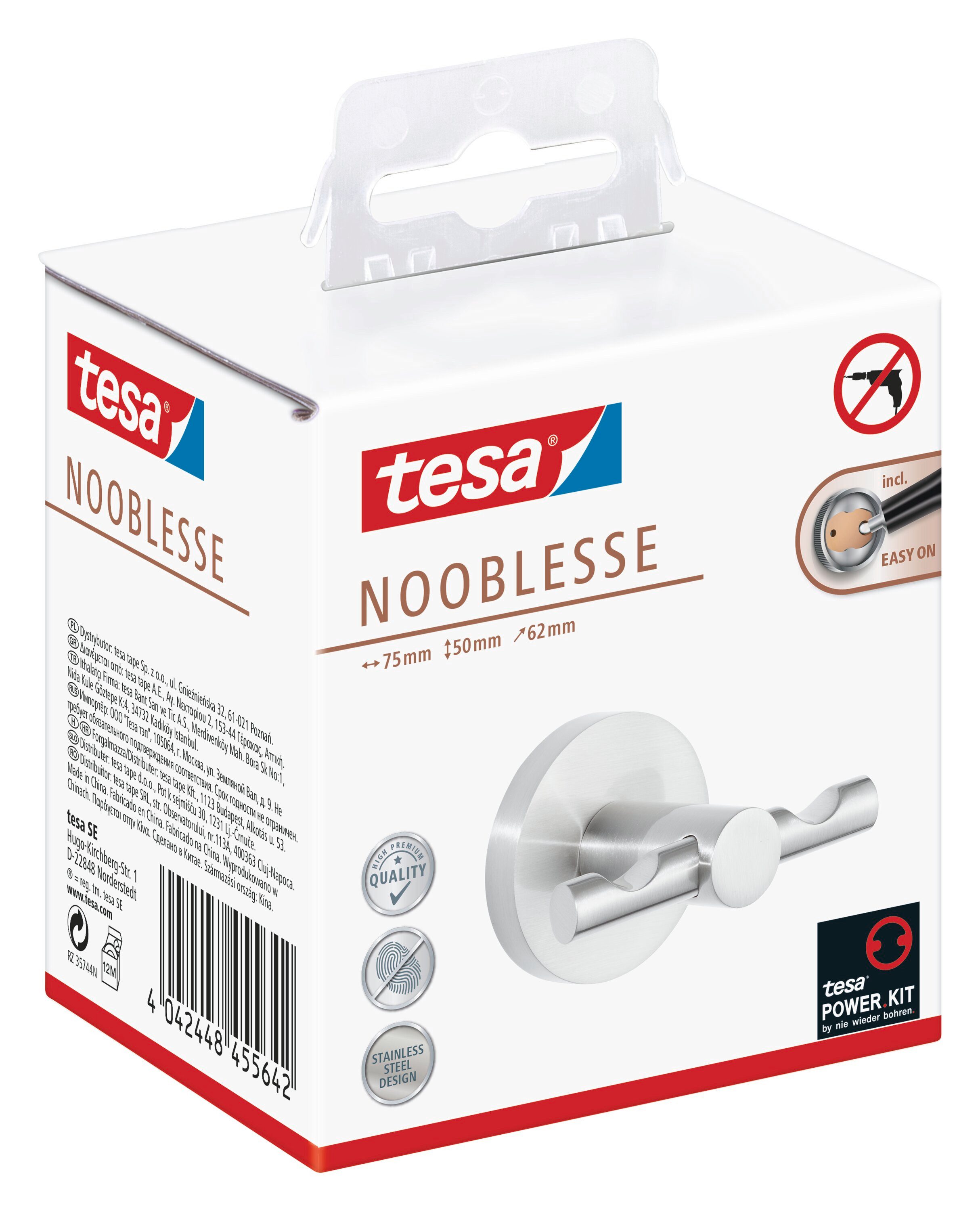tesa Handtuchhaken 1x tesa NOOBLESSE Klebehaken doppelt, Badezimmer, Gäste-WC, Wandmontage, (Komplett-Set, 2-St., inkl. Klebelösung), edelstahl 6,2 cm : 7,5 cm : 5 cm
