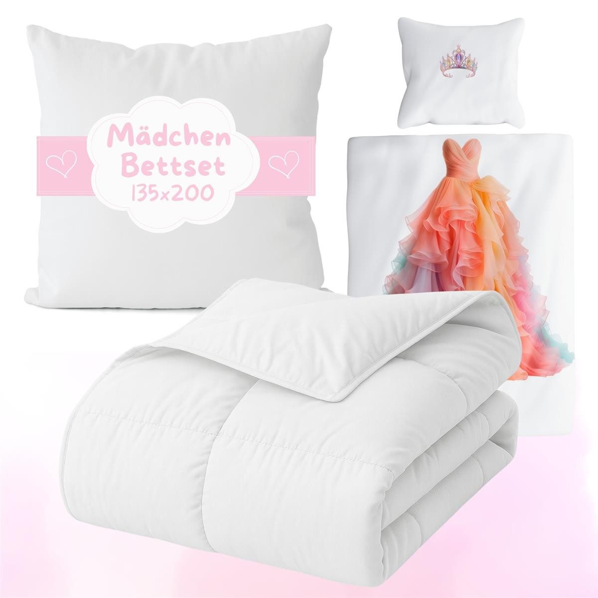 Carpe Sonno Kinderbettdecke + Kopfkissen + Bettwäsche 135x200 80x80 Kinder Set Bettset Ganzjährig Komplettset, Füllung: silikonisierte Hohlfaser, Bezug: 100% Polyester, Kinderbett Bettenset ALL IN ONE Mädchen Prinzessin