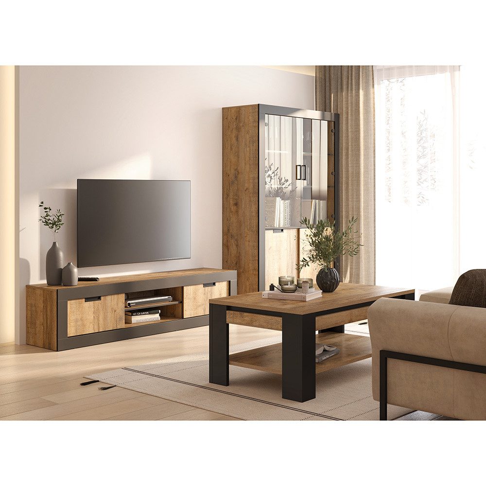 Lomadox Wohnzimmer-Set TOLOSA-83, (Mega-Spar-Set, 3-St., Couchtisch Lowboard Vitrine), in Eiche mit Rahmen in Mattschwarz, Industrial Stil