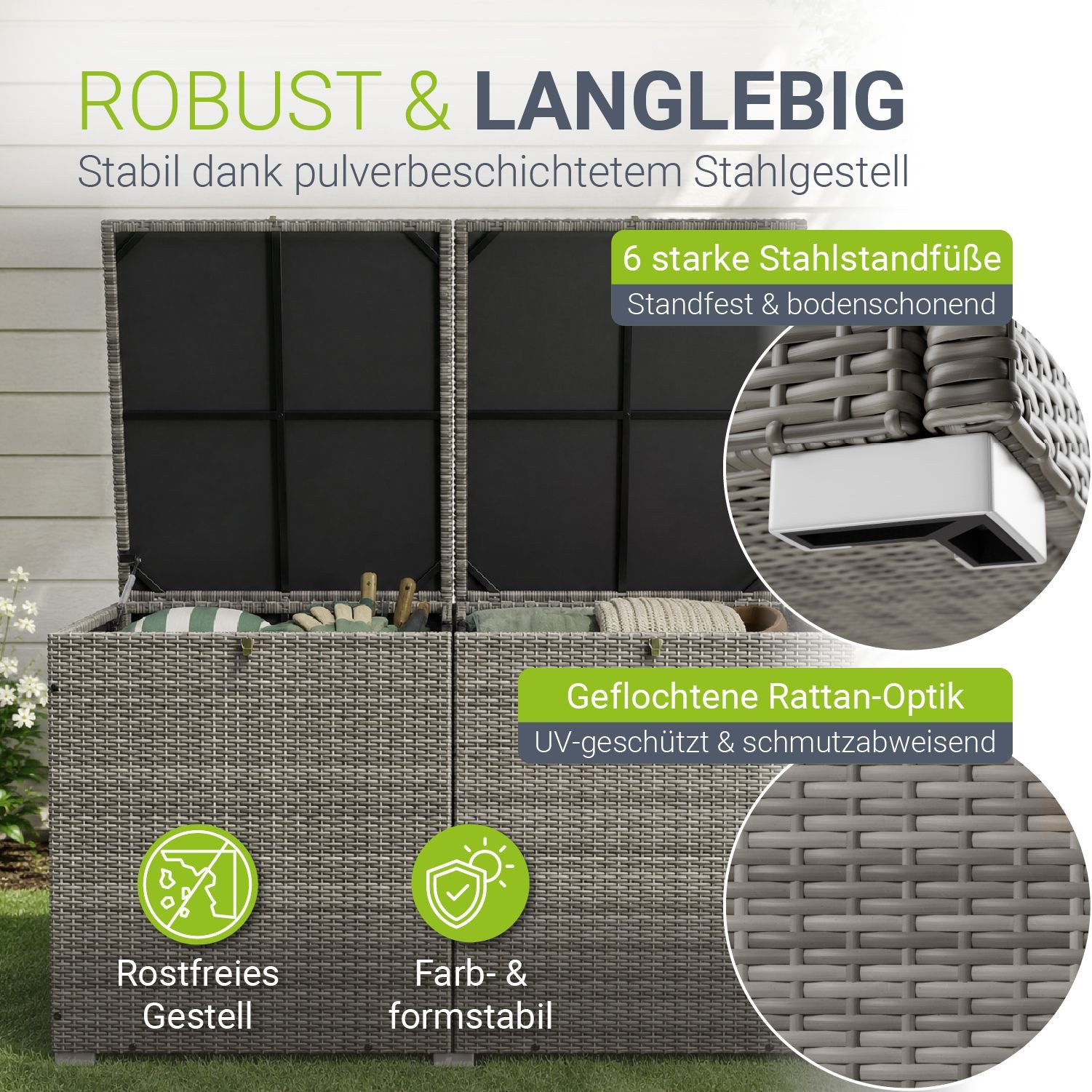 Juskys Auflagenbox Ikaria, aus Polyrattan, mit Deckel, Hubautomatik und Innenplane