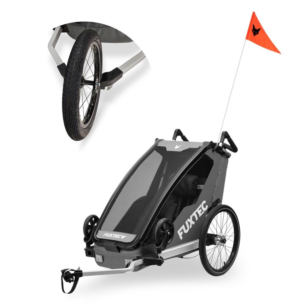 FUXTEC Fahrradkinderanhänger FX-FA1S-SET-GRAU, Mit Joggerrad, faltbar, Sonnen- & Regenschutz