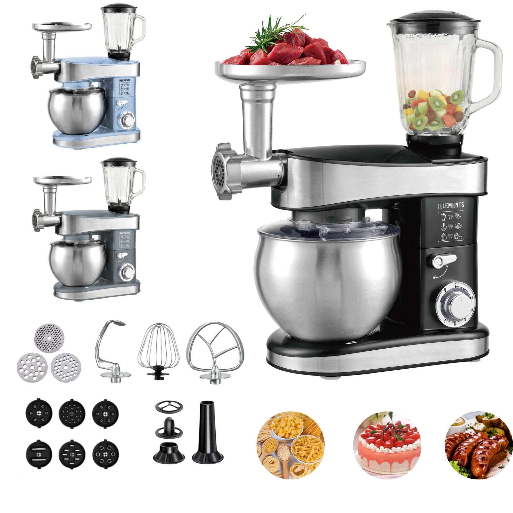 KB Elements Küchenmaschine ELK75LP, 2000 W, 6 l Schüssel, GS-zertifizierter Standmixer, 6 x Nudelaufsätzen